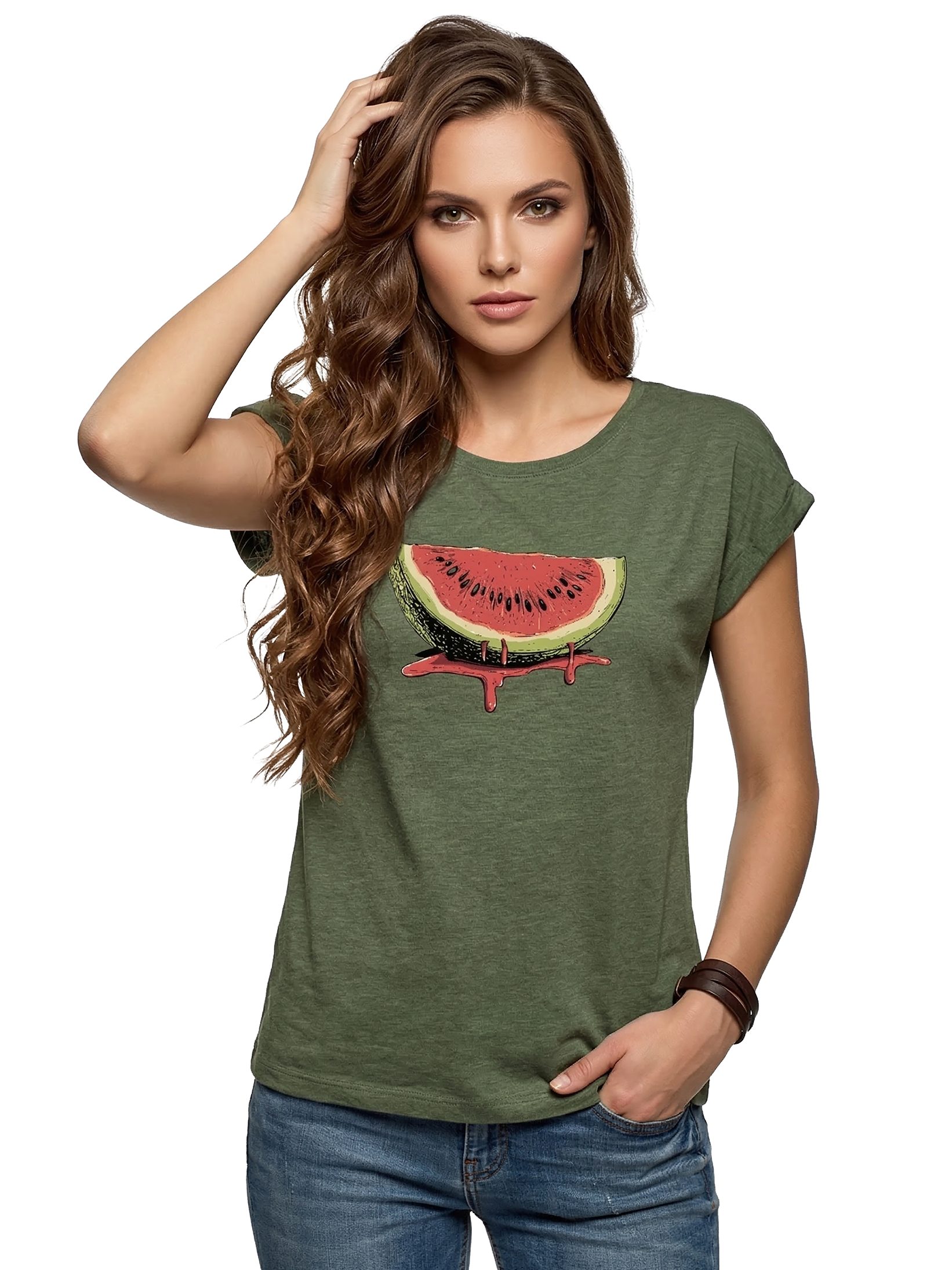 MAKAYA Print-Shirt mit Wassermelone für Damen Watermelon Fruit Summer Top (Schwarz, Blau, Grau, Grün, Hellgrau, Rosa, Weiß, 34, 36, 38, 40, 42, 44, 46, 48, 50) Baumwolle