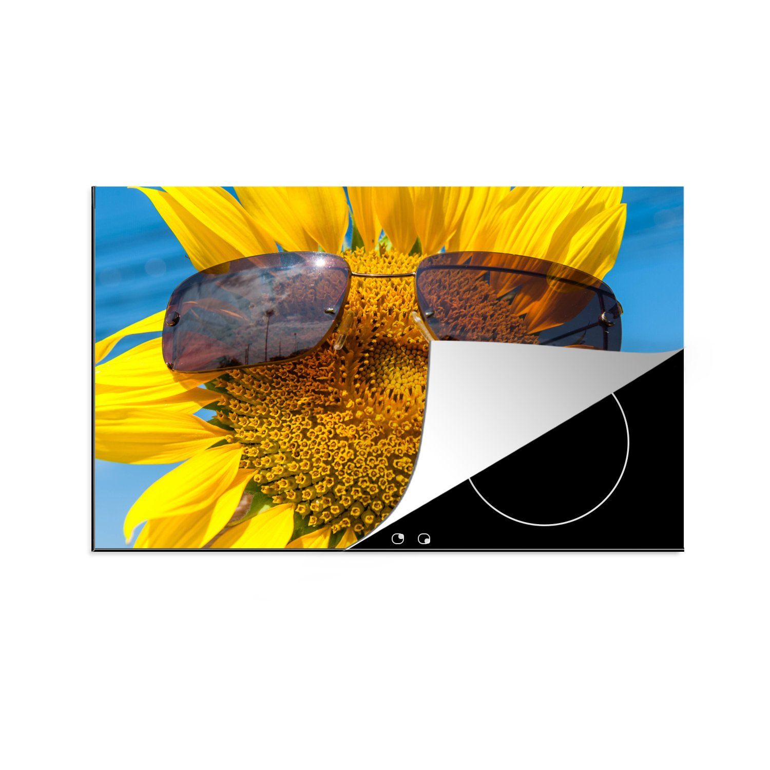 MuchoWow Herdblende-/Abdeckplatte Sonnenblume mit Sonnenbrille, Vinyl, (1 tlg), 81x52 cm, Induktionskochfeld Schutz für die küche, Ceranfeldabdeckung