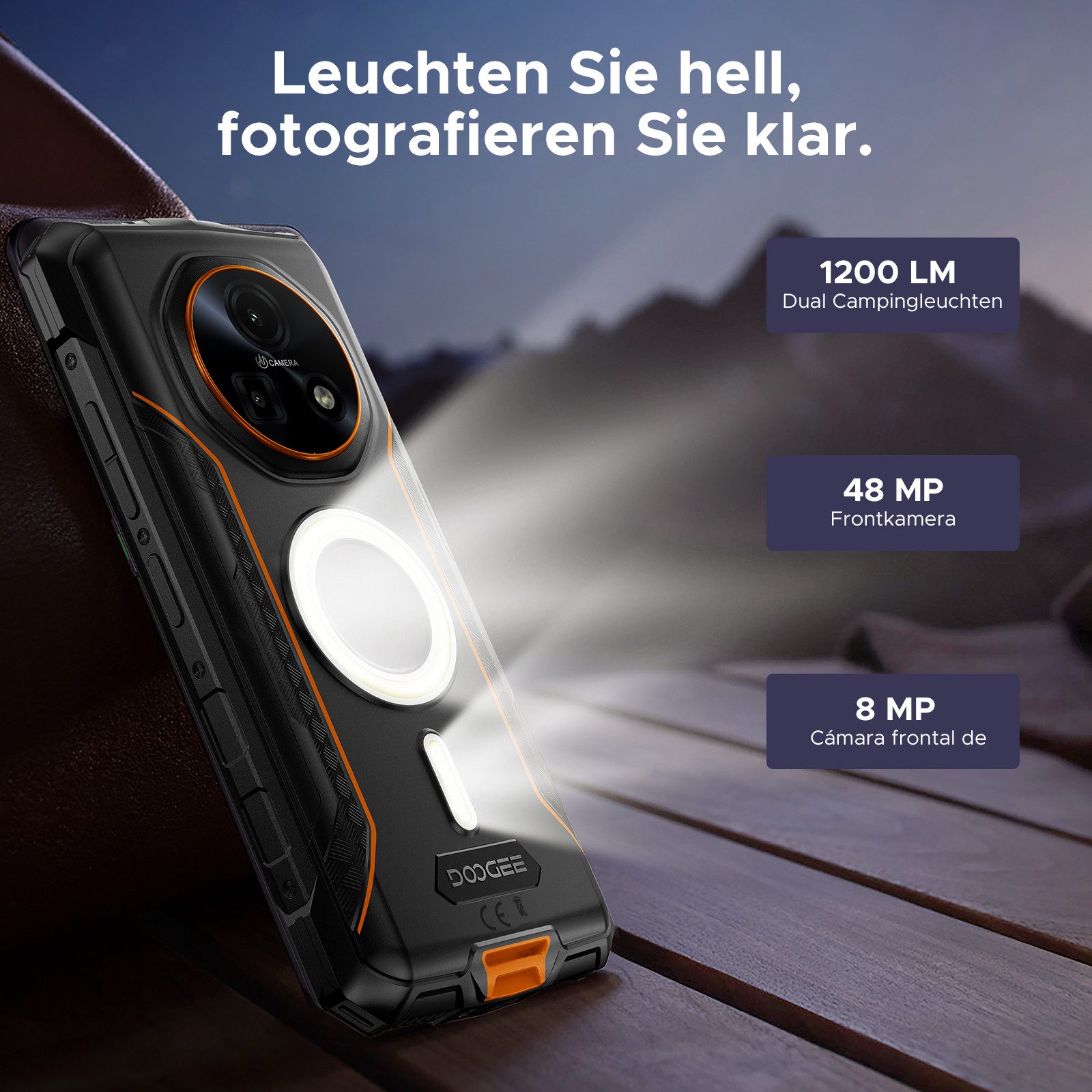 DOOGEE Fire 5 Ultra Outdoor Handy, 256GB ROM, 13000mAh, 1200LM Dual Smartphone (16,7 cm/6.6 Zoll, 256 GB Speicherplatz, 48 MP Kamera, 6.6" HD+90Hz, 48MP Kamera, 8GB RAM, Android 15, AI, NFC, GPS)