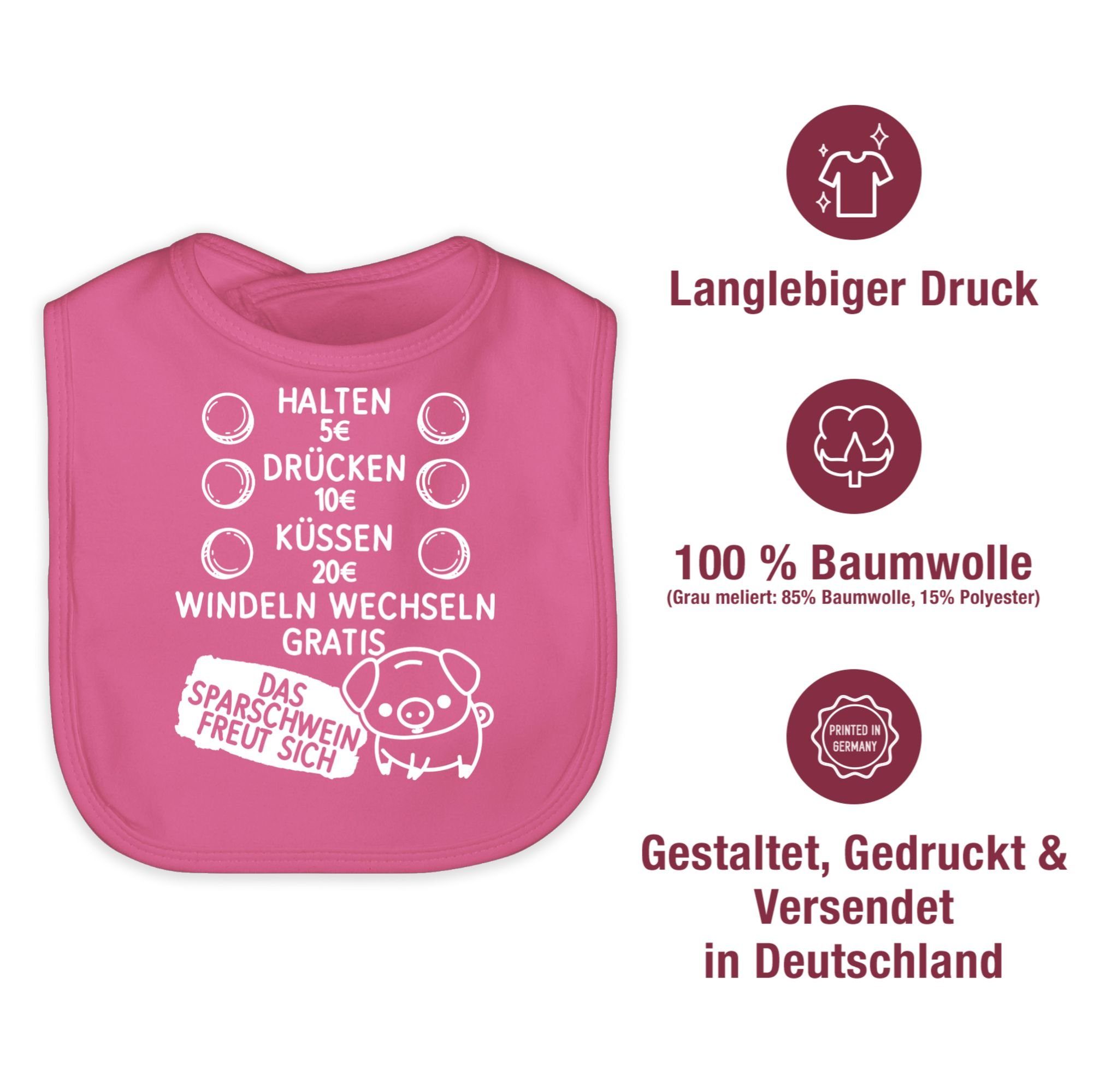 Shirtracer Lätzchen Preisliste Pink - Sparschwein Baby weiß, Sprüche mit 2