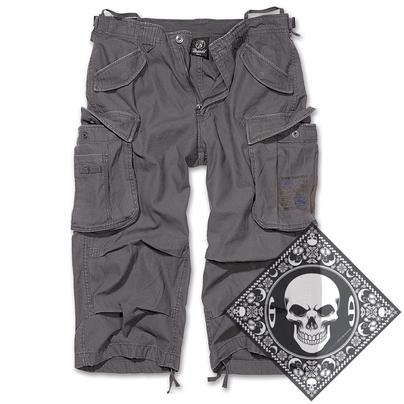 Brandit Cargoshorts Cargo Shorts kurze Hose Industry 3/4 lang mit UD Bandana (mit Urbandreamz Bandana) 3/4 lang, Unifarben, Camouflage, Bermuda, S-XXL