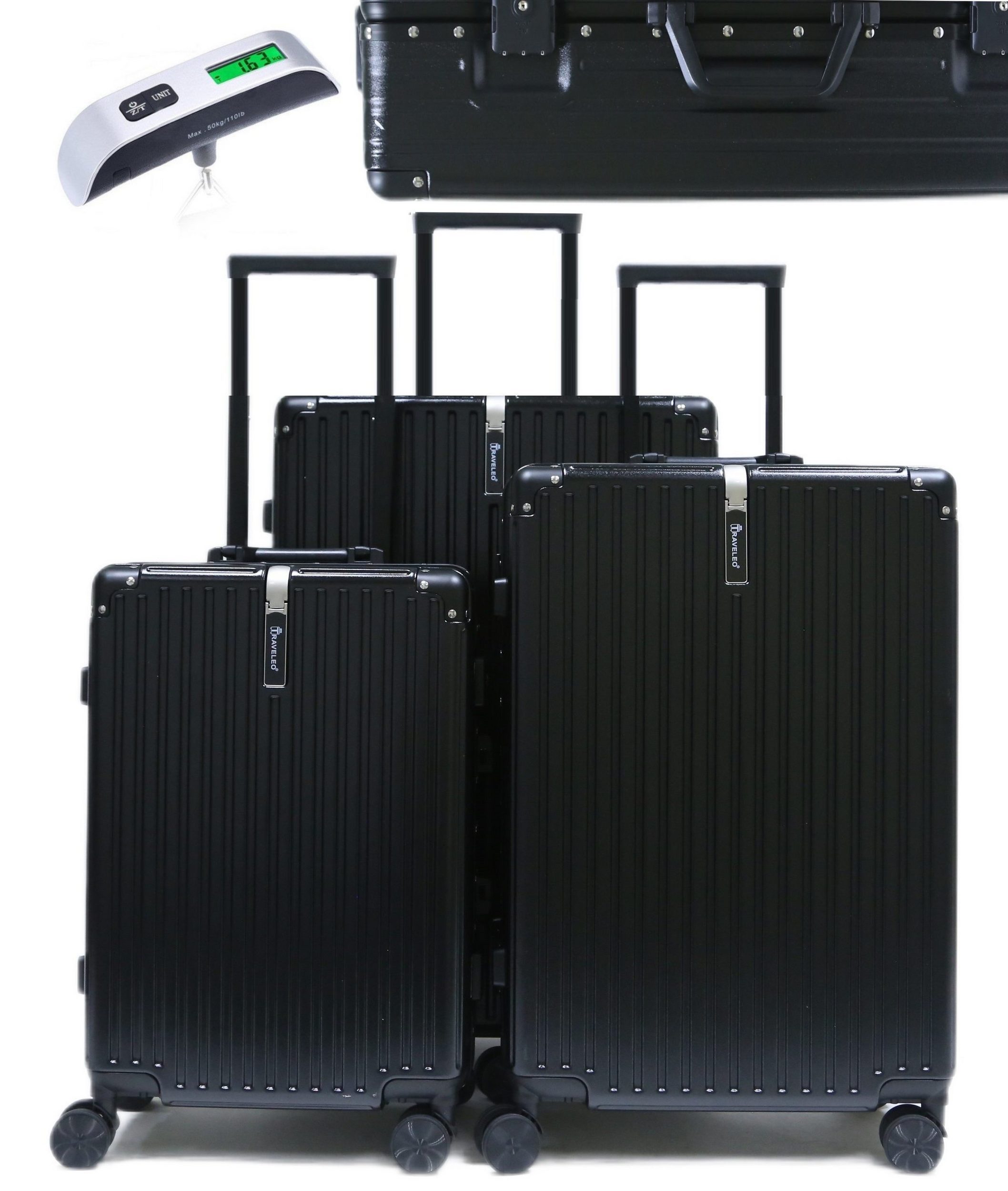 KESSMANN Kofferset Aluminium Kofferset klein M mittel L groß XL + Digitale Kofferwaage, 4 Rollen, (Koffer-Set, 3 tlg., 360° Rollen Leichtgewicht Rollkoffer Reisen Urlaub Reisekoffer Set), Trolley Gepäckset Hartschalenkoffer Urlaubskoffer Handgepäck Organizer