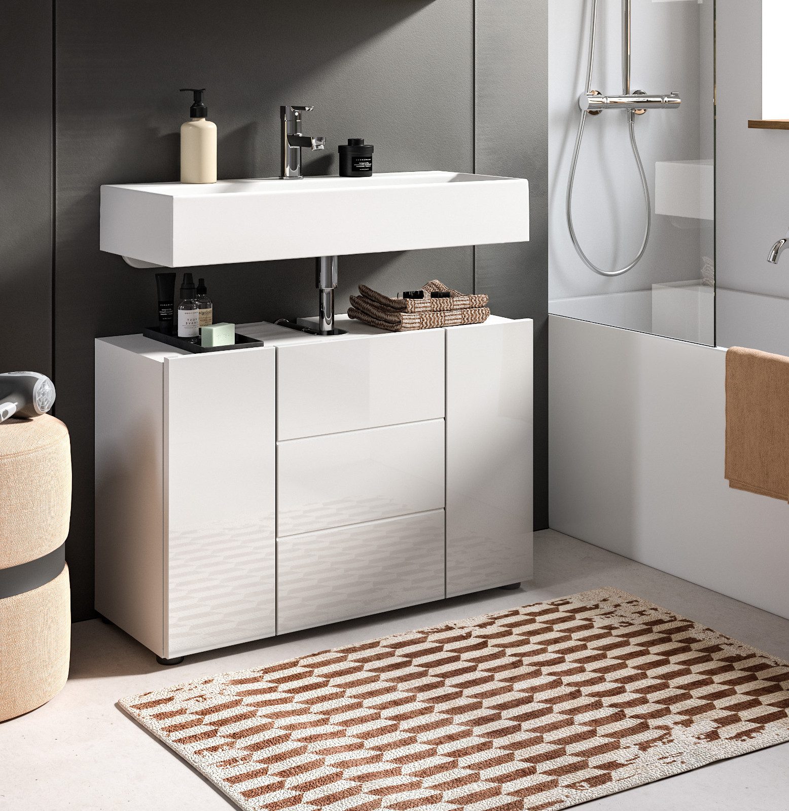 Inn.Furn Waschbeckenunterschrank Larik (Badschrank in Weiß Hochglanz, Breite 80 cm) mit 4 Fächern