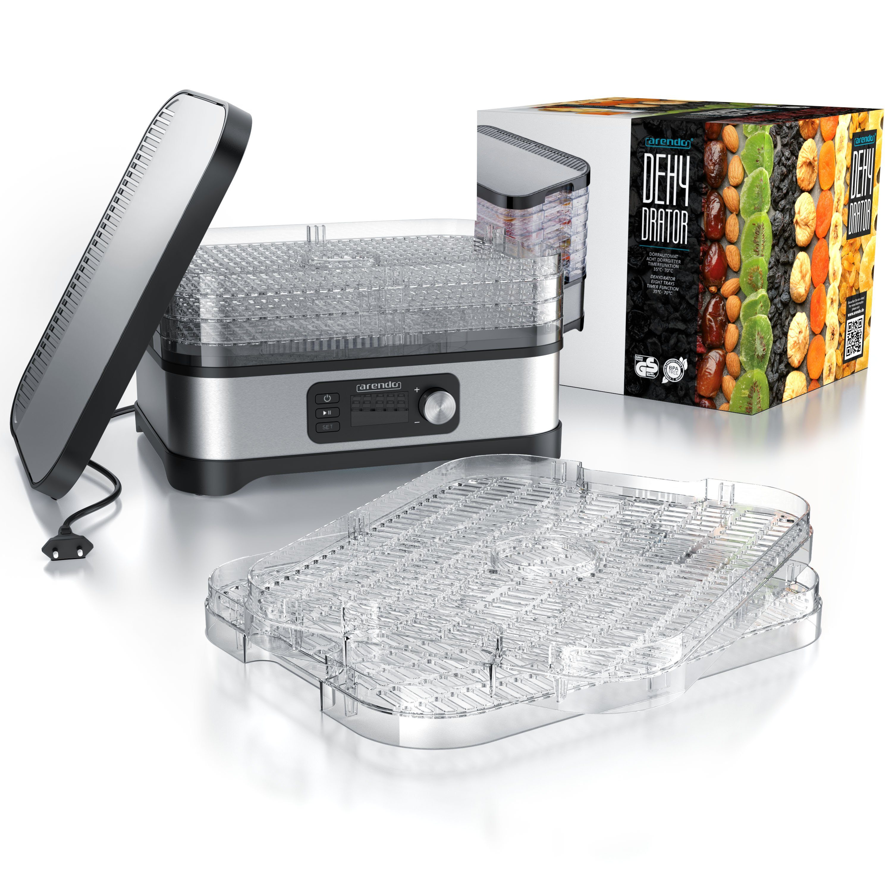 Arendo Dörrautomat mit Temperaturregler, 5 Etagen, 35-70°C, Edelstahl, Dörrgerät 400 W, 5 Etagen, Timer 24h, BPA-frei, für Fleisch/Obst/Gemüse, GS, 5 Einlegefächer