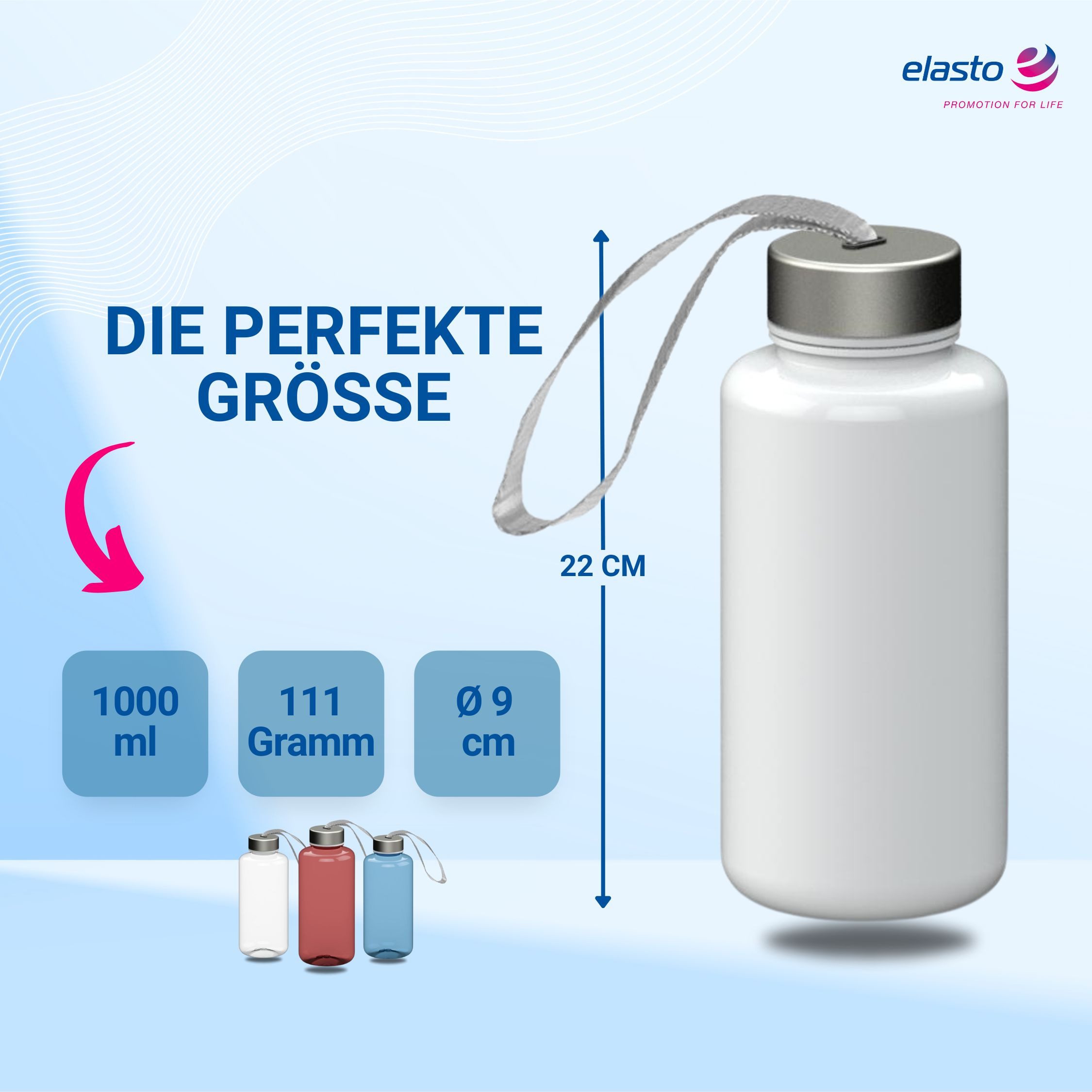 elasto Trinkflasche 1 L Wasserflasche "Pure" Tritanflasche mit Trägerband, Made in Germany, Spülmaschinenfest, Leicht zu reinigen, Sportflasche – Bild 2 von 5