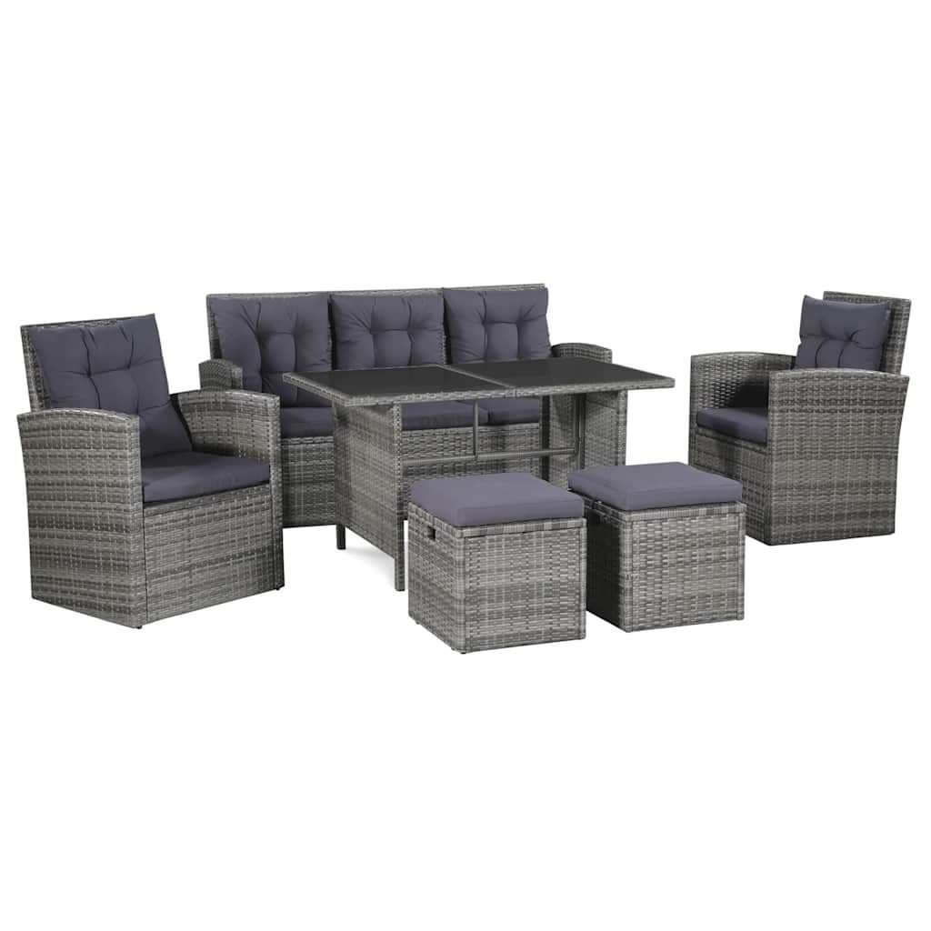 vidaXL Gartenlounge-Set 6-tlg. Garten-Lounge-Set mit Auflagen Poly Rattan Grau, (6-tlg)