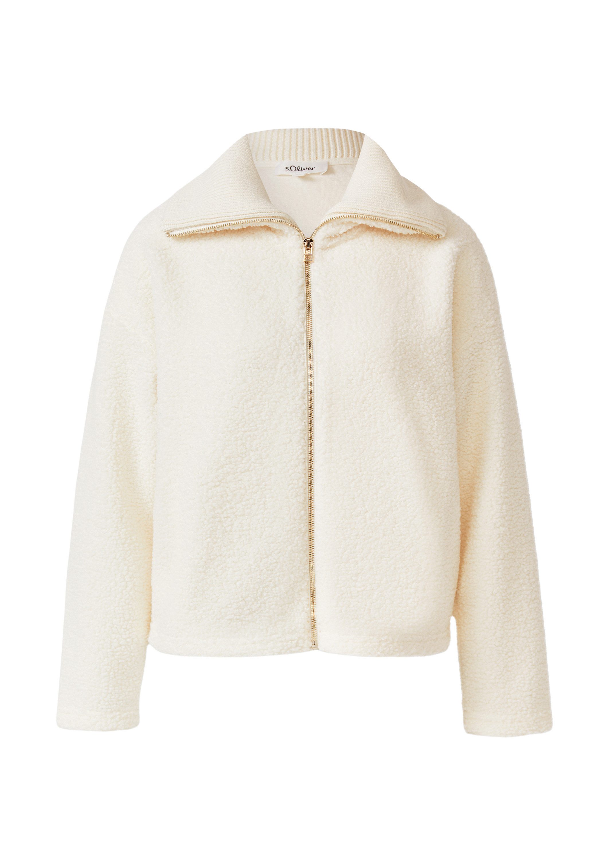 s.Oliver Sweatjacke Sweatshirt Jacke Leichte Teddyplüsch-Jacke mit Strickkragen