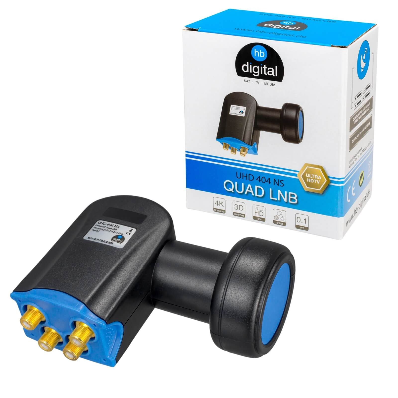 HB-DIGITAL hb-digital LNB Quad UHD 404 NS für 4 Teilnehmer Universal-Single-LNB (für 4 Teilnehmer, Die vergoldeten F-Anschlüsse für noch bessere Signalübertragung)