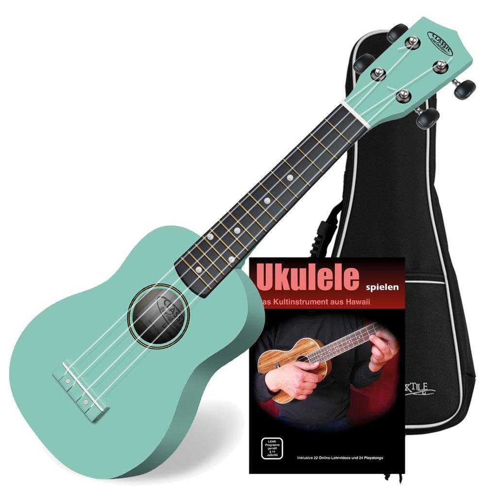 Classic Cantabile Ukulele Sopranukulele (Ukulele, Uke, 15 Bünde, leichtgängige Гитарыmechanik), Komplett Set, Set inkl. Gigbag und Укулеле-Schule
