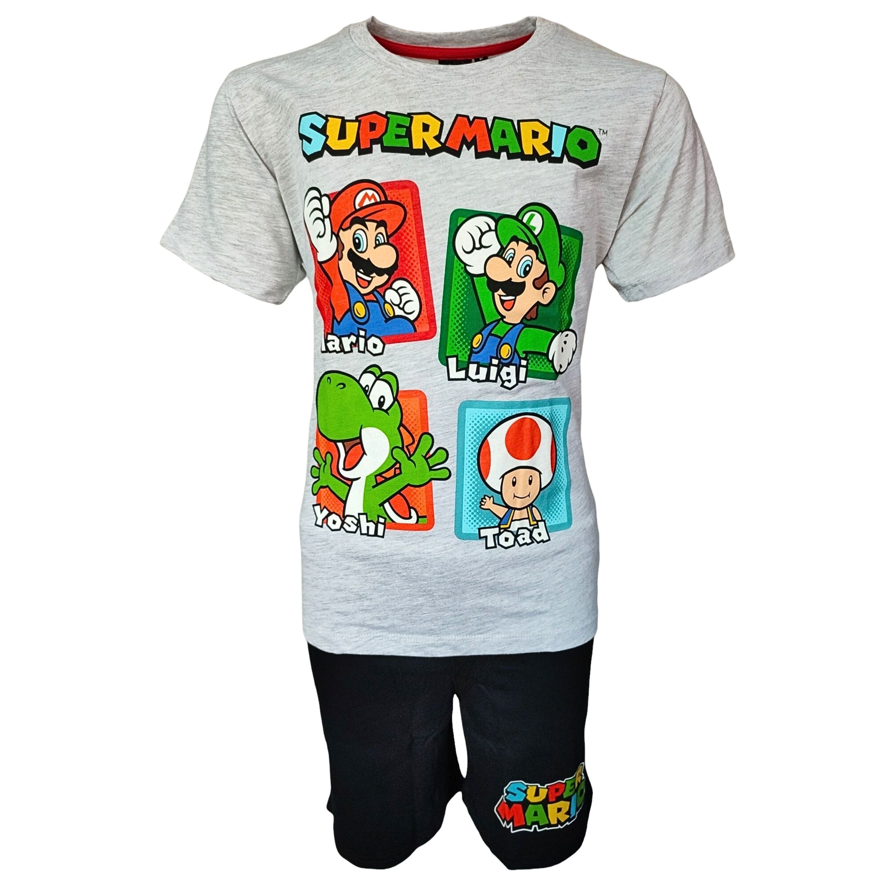 Super Mario Schlafanzug Mario & Friends (2 tlg) Jungen Pyjama Set kurz Gr. 104-140 cm Grau
