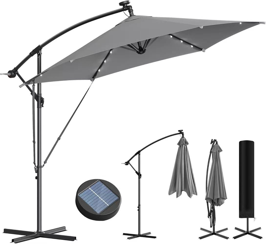 Woltu Sonnenschirm, mit Solar-LED-Beleuchtung, Sonnenschutz 360° drehbar