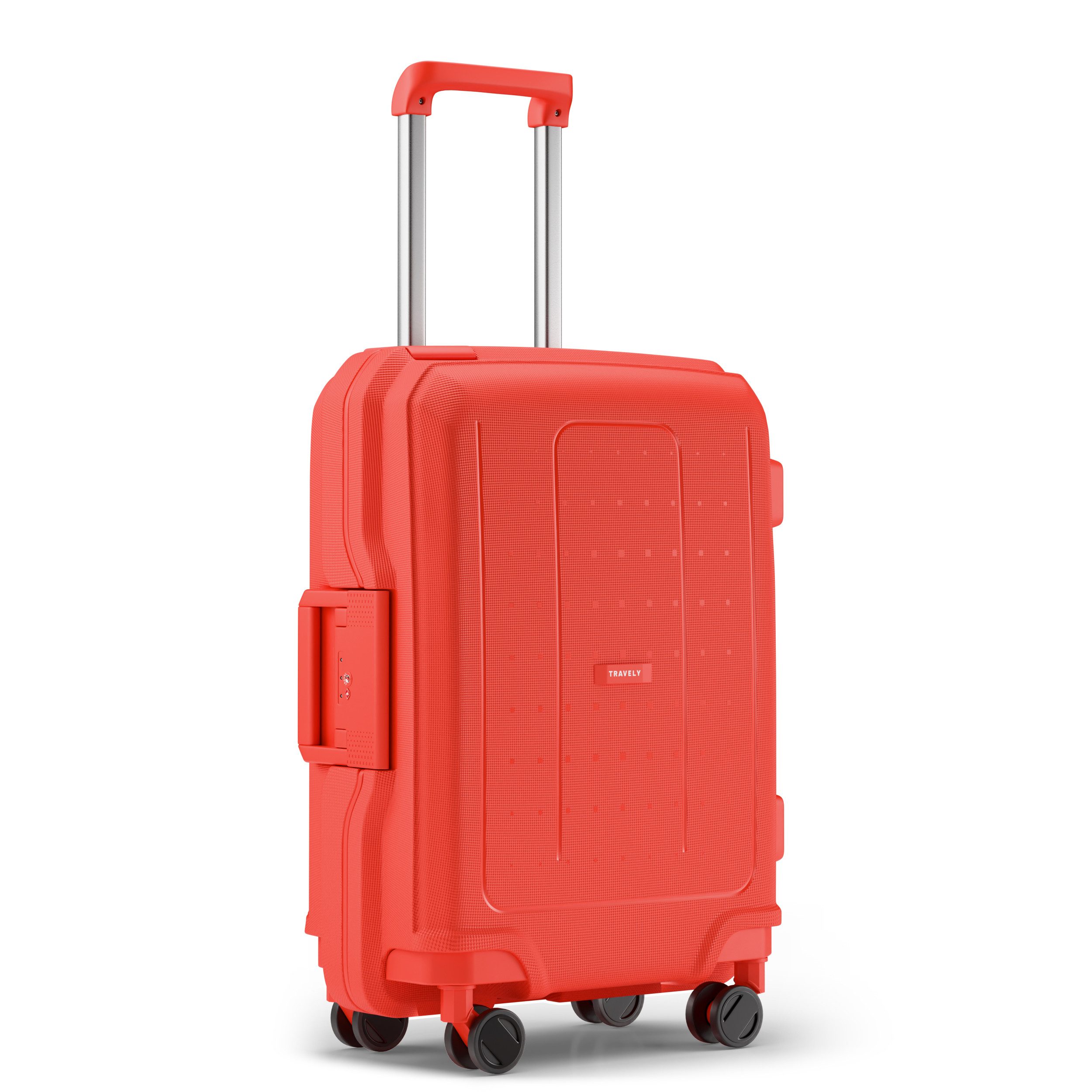 Travely Koffer Polypropylen Handgepäck Koffer 55x40x20cm - für Ryanair Lufthansa etc, 4 Rollen, Designed in Germany, austauschbare Griffe und Rollen