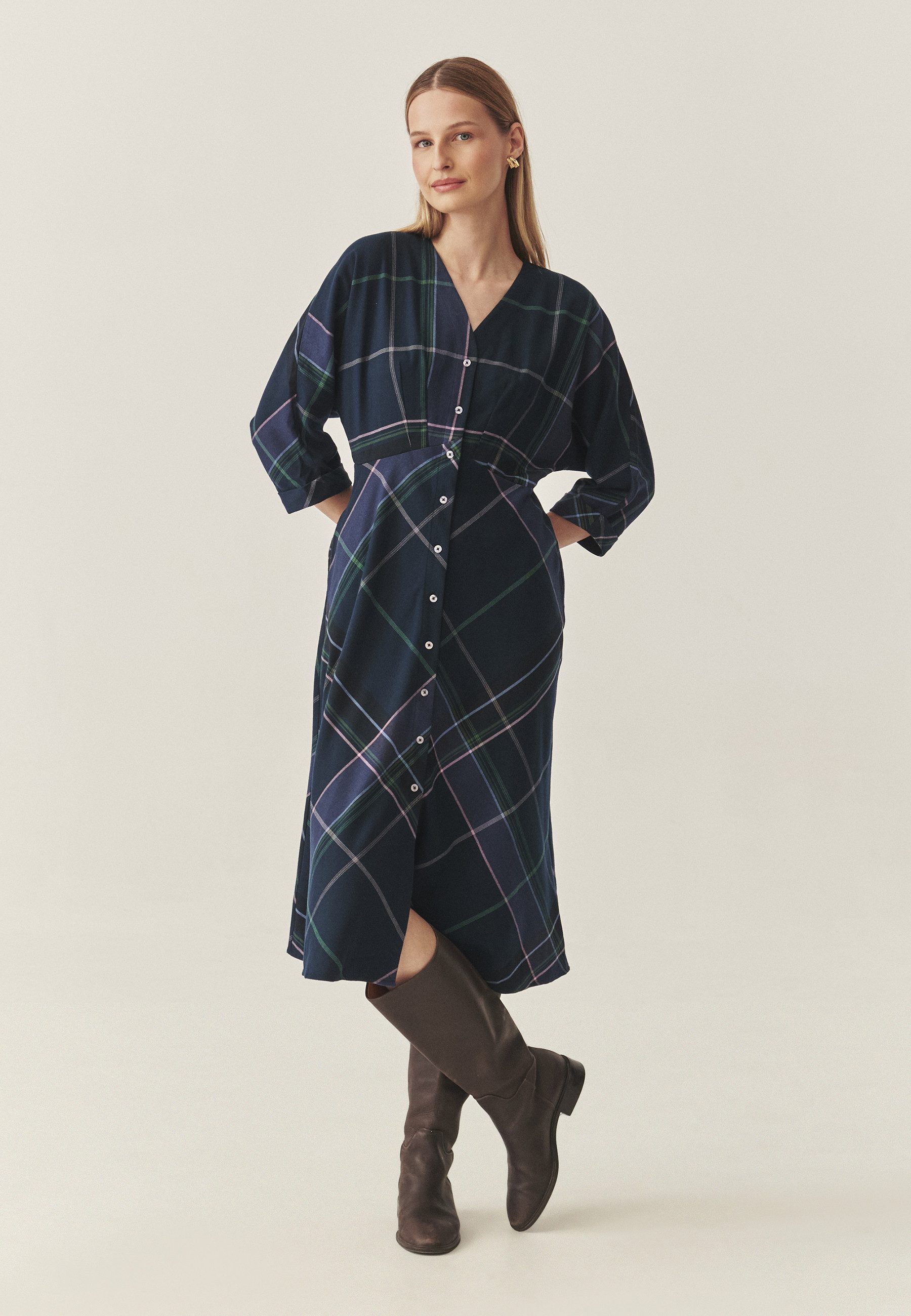 TATUUM Midikleid 3/4-Ärmeliges Ausgestelltes Kariertes Stoffkleid - Samotali