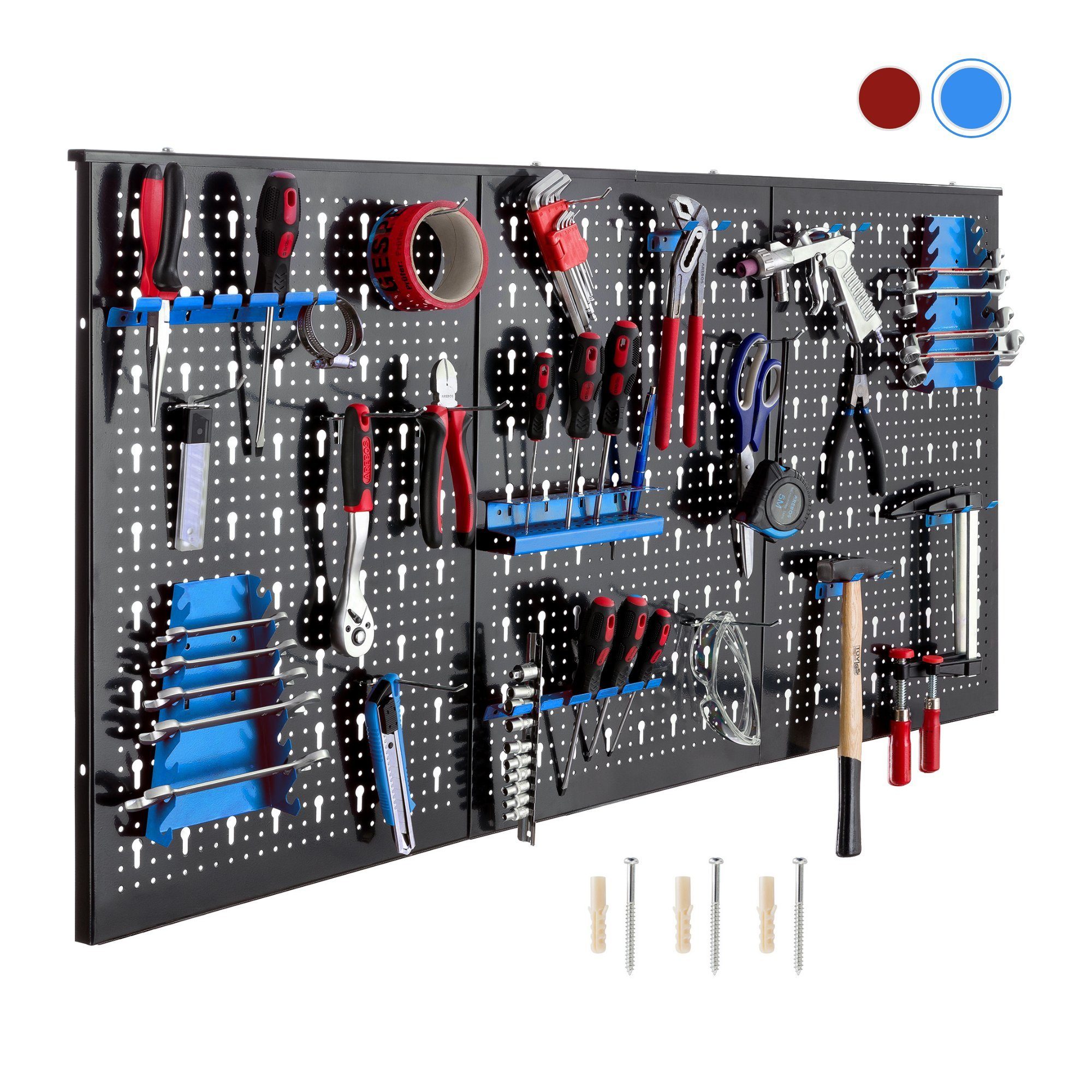 Arebos Lochwand Werkzeugwand dreiteilig, 17-teiliges Hakenset Rot/Blau, 3 Stk., mit 17 Haken, (Set) Schwarz/Blau