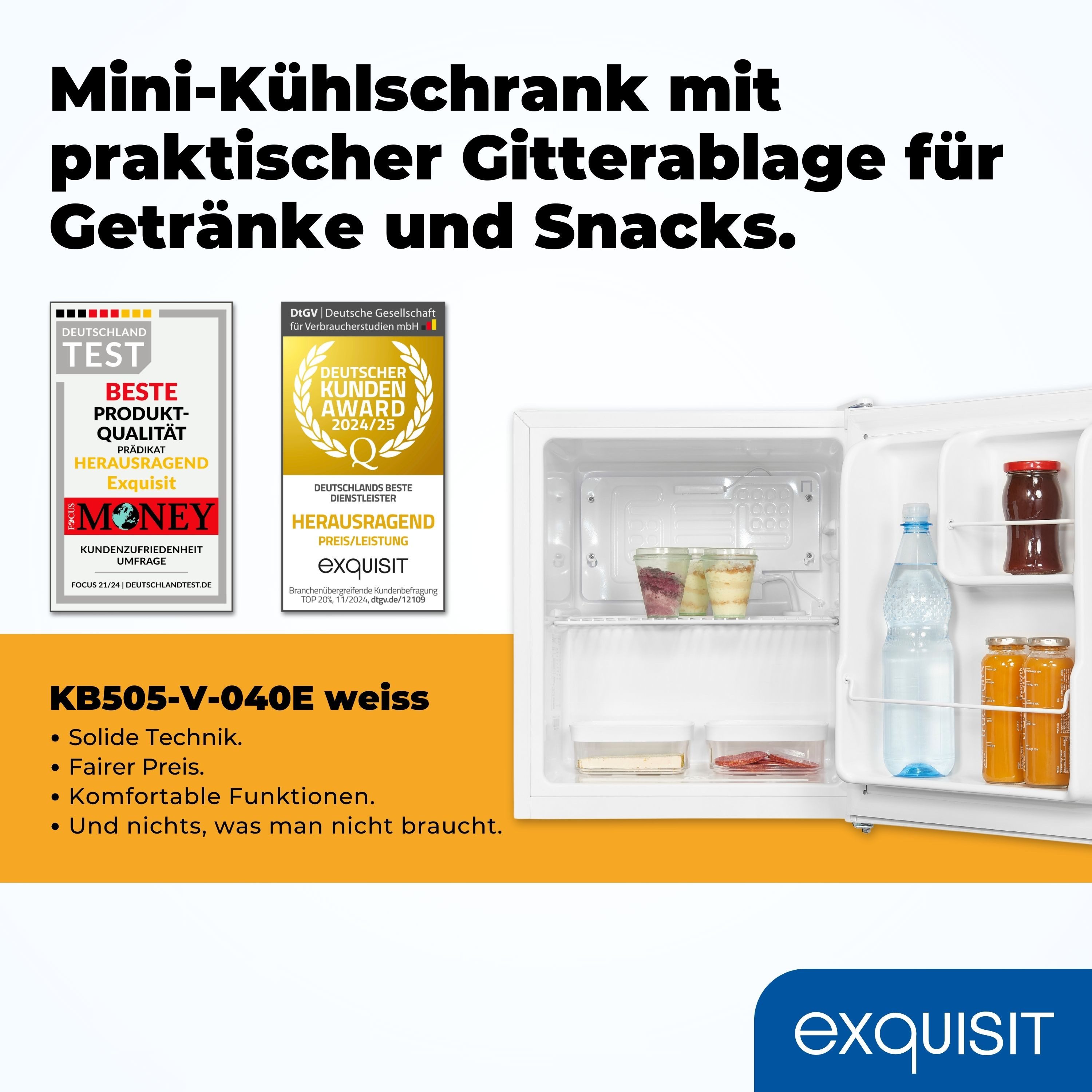 exquisit Table Top Kühlschrank KB505-V-040E, 51 cm hoch, 44 cm breit, 40 L Nutzinhalt, kompakt und platzsparend, Gitterablage