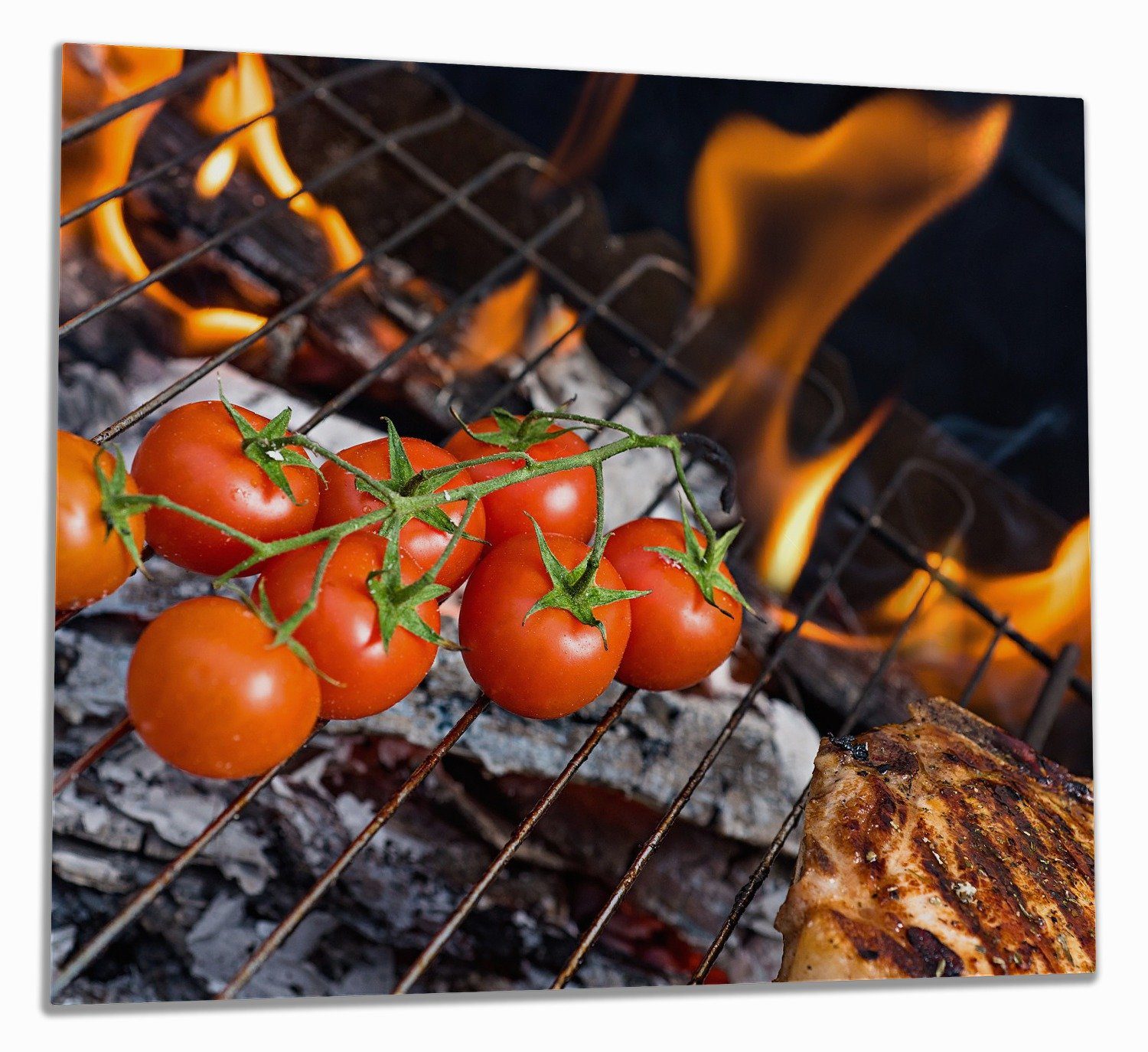 Wallario Herd-Abdeckplatte Tomaten und Steak auf einem Grill, ESG-Sicherheitsglas, (Glasplatte, 1 tlg., inkl. 5mm Noppen), verschiedene Größen