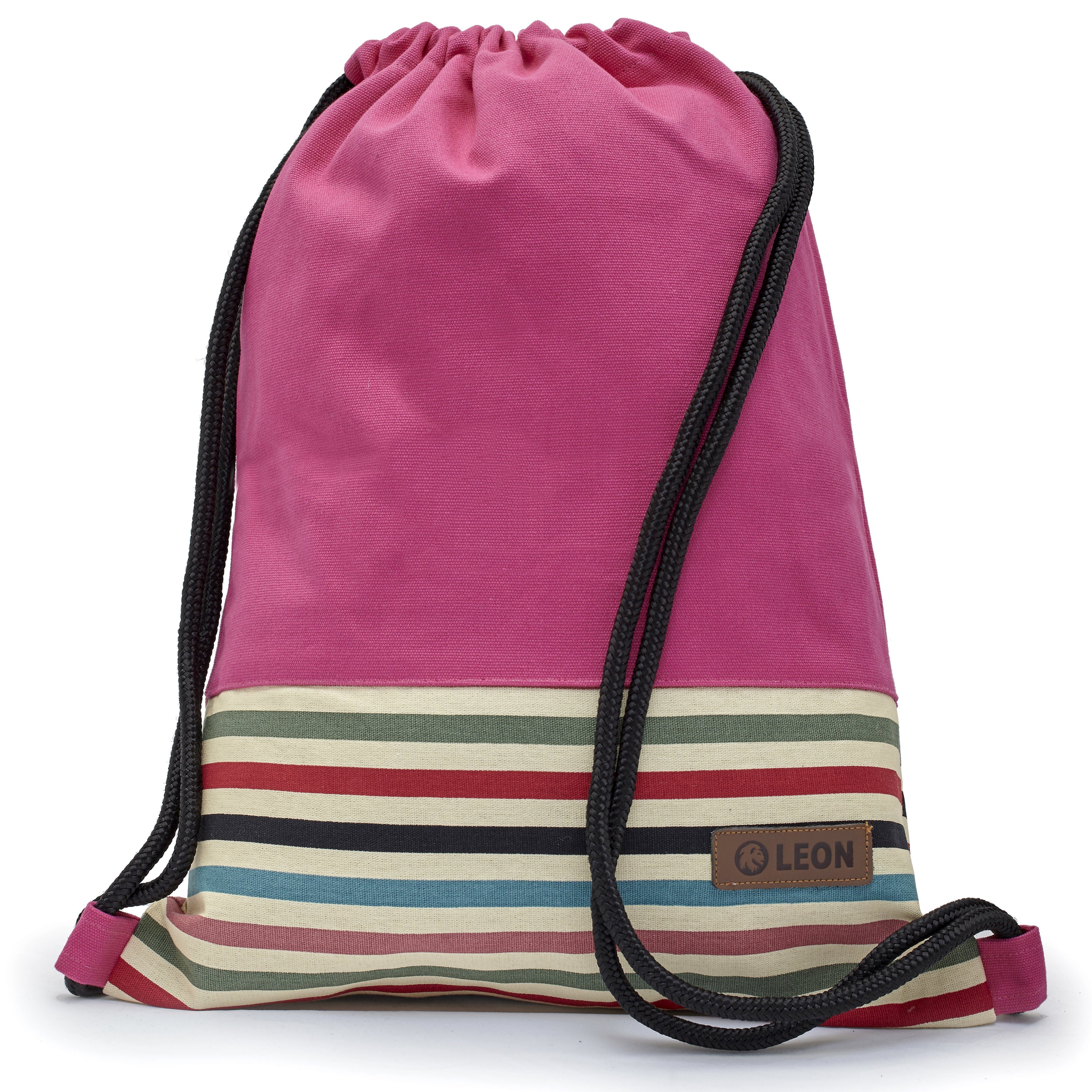 By Bers Freizeitrucksack Leon By Bers Turnbeutel (Tagesrucksack für Strand Sport Festival Freizeit Alltag Einkauf aus Baumwolle Innentasche Schlüsselband), robuste hochwertige Baumwolle - bestens verarbeitet Pink_StoffGestreift | Freizeitrucksäcke