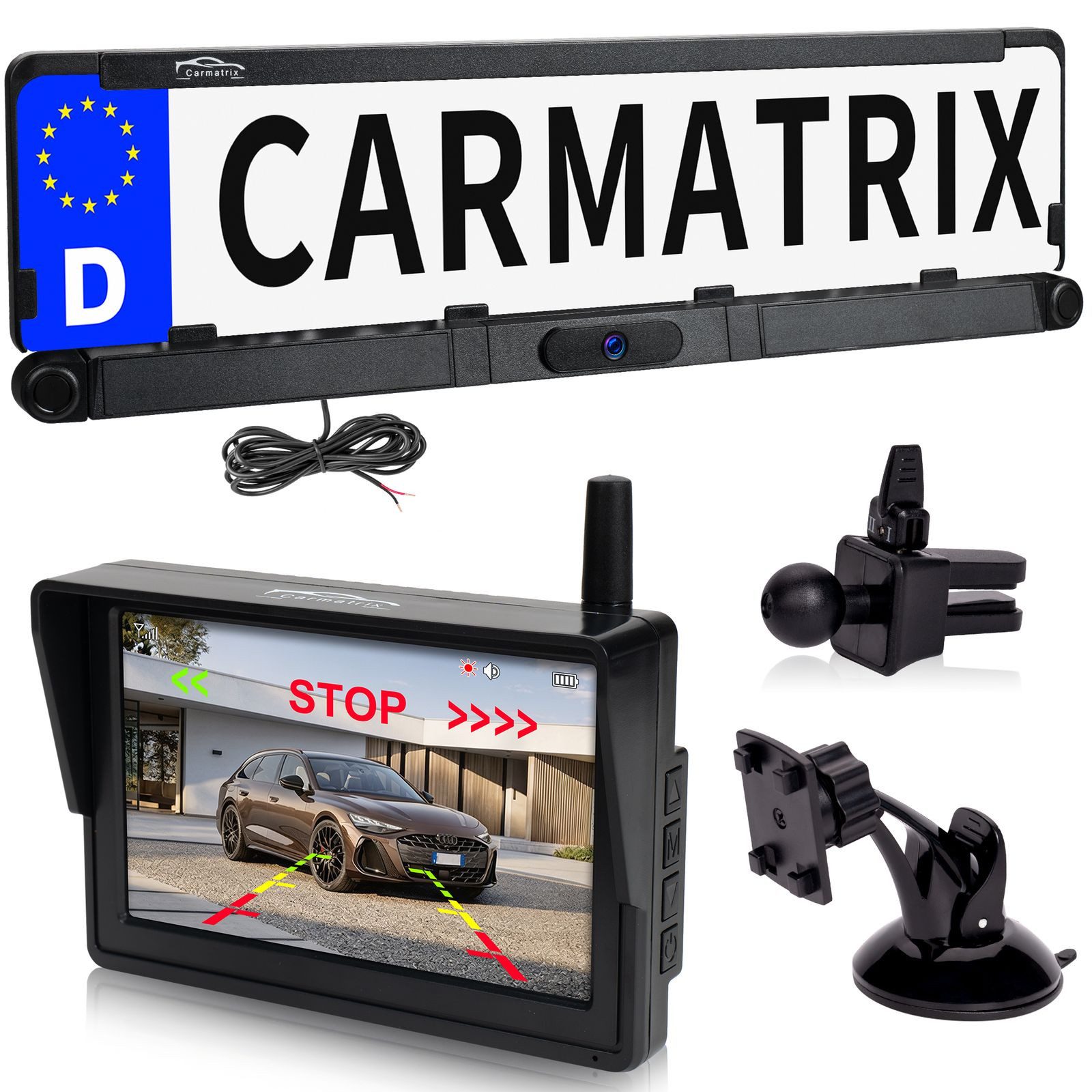CARMATRIX RCA50h Rückfahrkamera (Auto Rückfahrsystem Rückfahrkamera im Nummernschild Kennzeichenhalter, 2 PDC Einparksensoren Abstandslinien Funk Einparkhilfe zum nachrüsten)
