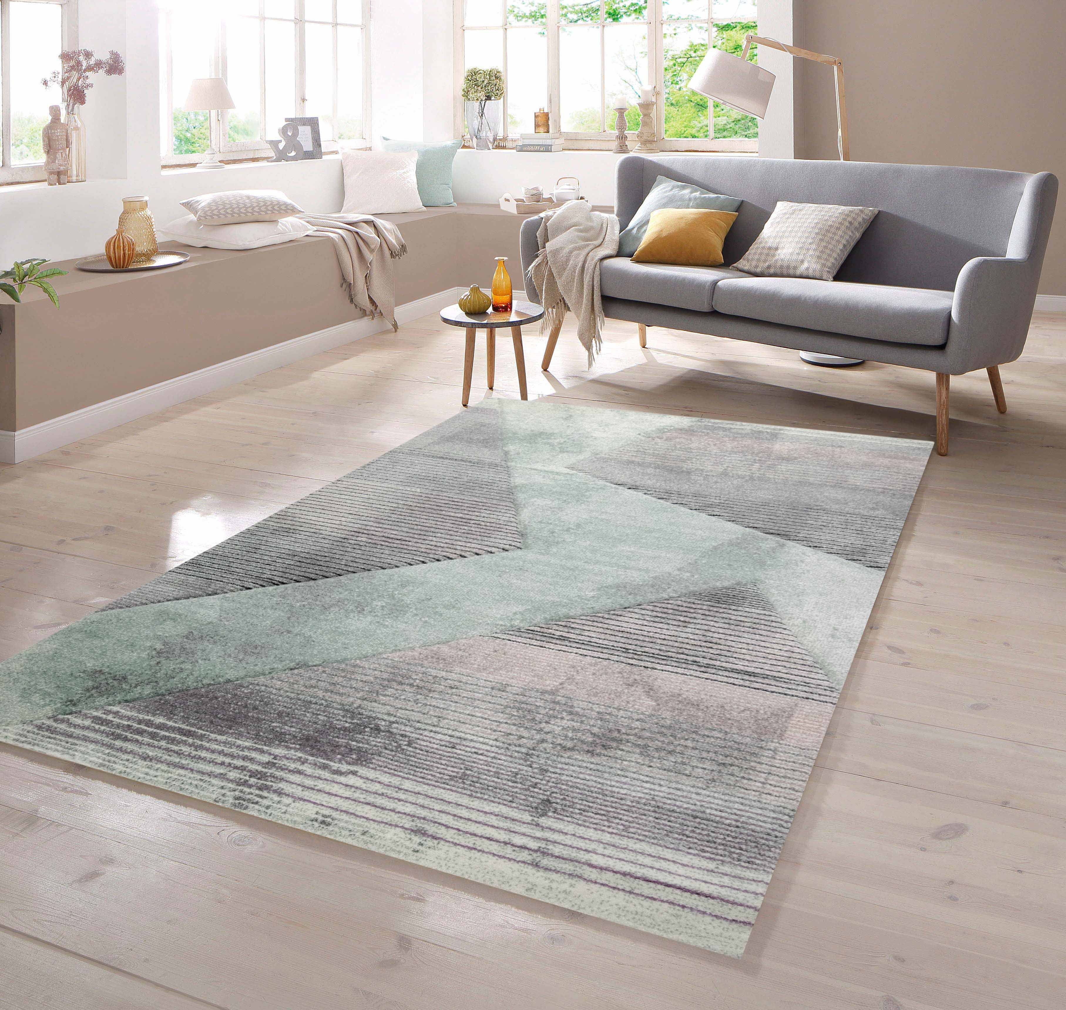 Teppich Teppich Muster gestreift grau grün rosa, TeppichHome24, rechteckig,  Höhe: 13 mm