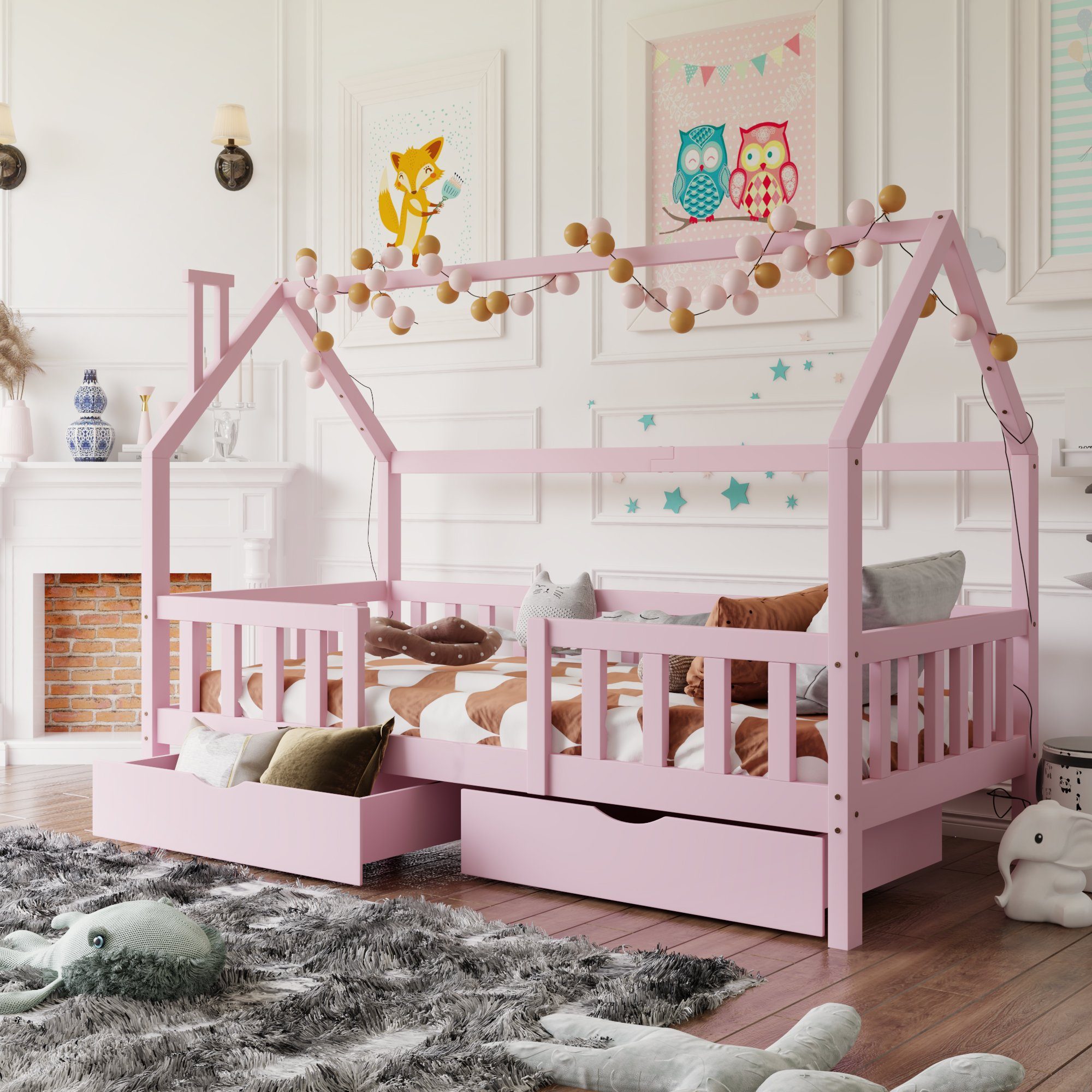 SOFTWEARY Kinderbett (Hausbett mit 2 Schubladen und Lattenrost, 90x200 cm), Einzelbett inkl. Rausfallschutz, Kiefer rosa mit Schubladen