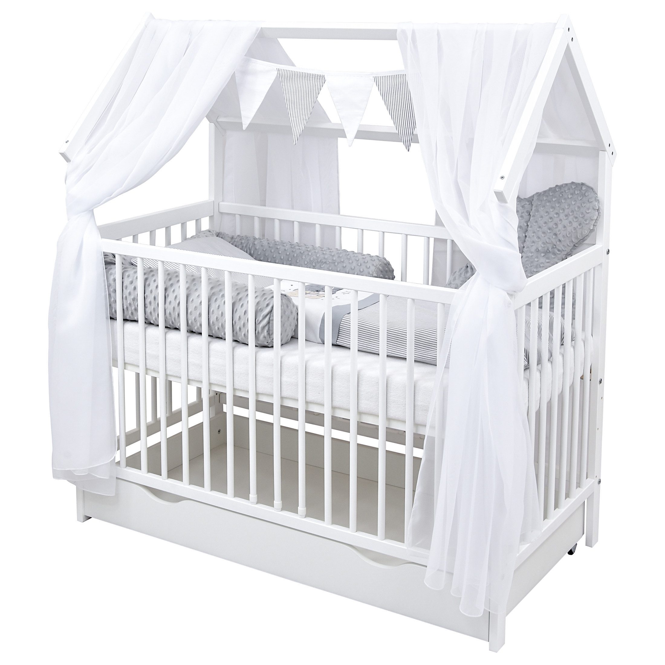 Komplettbett Hausbett Babybett Schublade Schutzgitter Beißschienen Komplettset