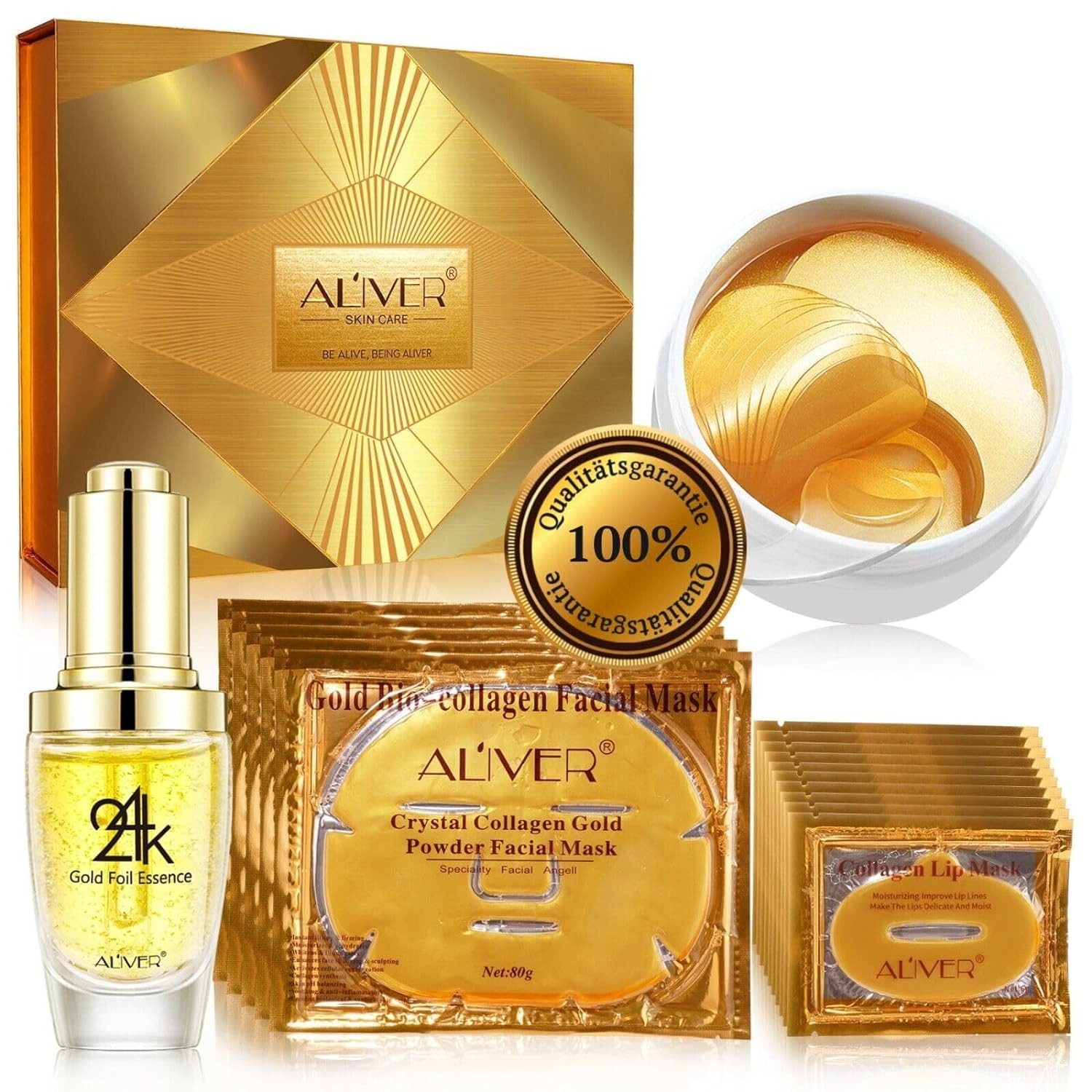 ALIVER Gesichtspflege-Set Crystal Gold Gesichtsmaske Augenpads Essenz Serum Lippen Maske 24K, 1-tlg., Geshichtspflegeset