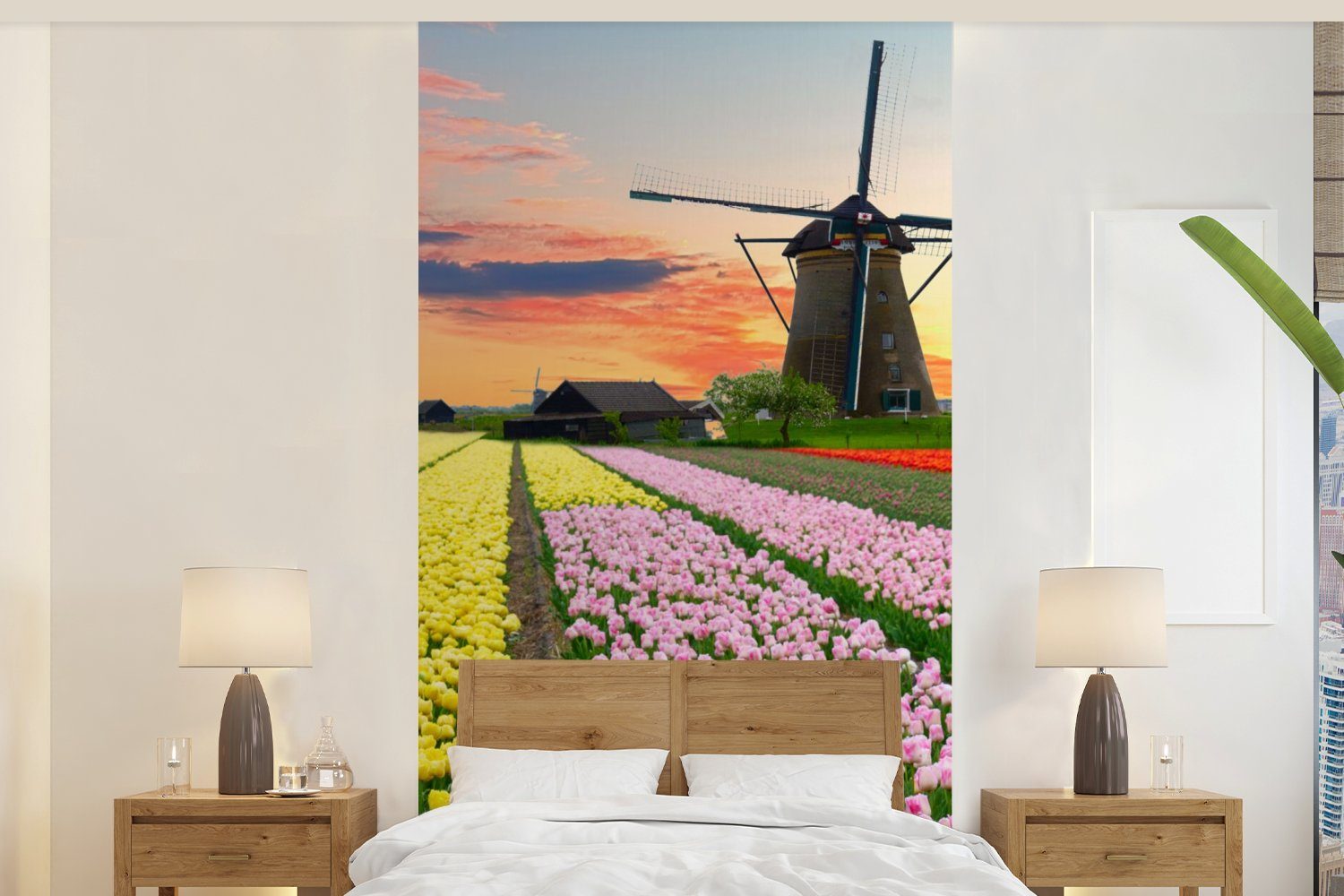 MuchoWow Fototapete Windmühle - Tulpen - Blumen - Niederlande, Matt, bedruckt, (2 St), Vliestapete für Wohnzimmer Schlafzimmer Küche, Fototapete