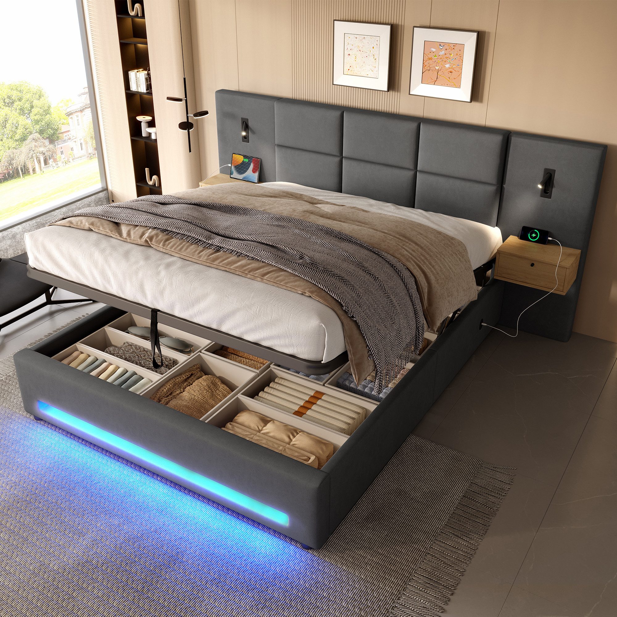 OKWISH Polsterbett Stauraumbett Doppelbett (mit Samtkopfteil, LED-Nachtlich günstig online kaufen