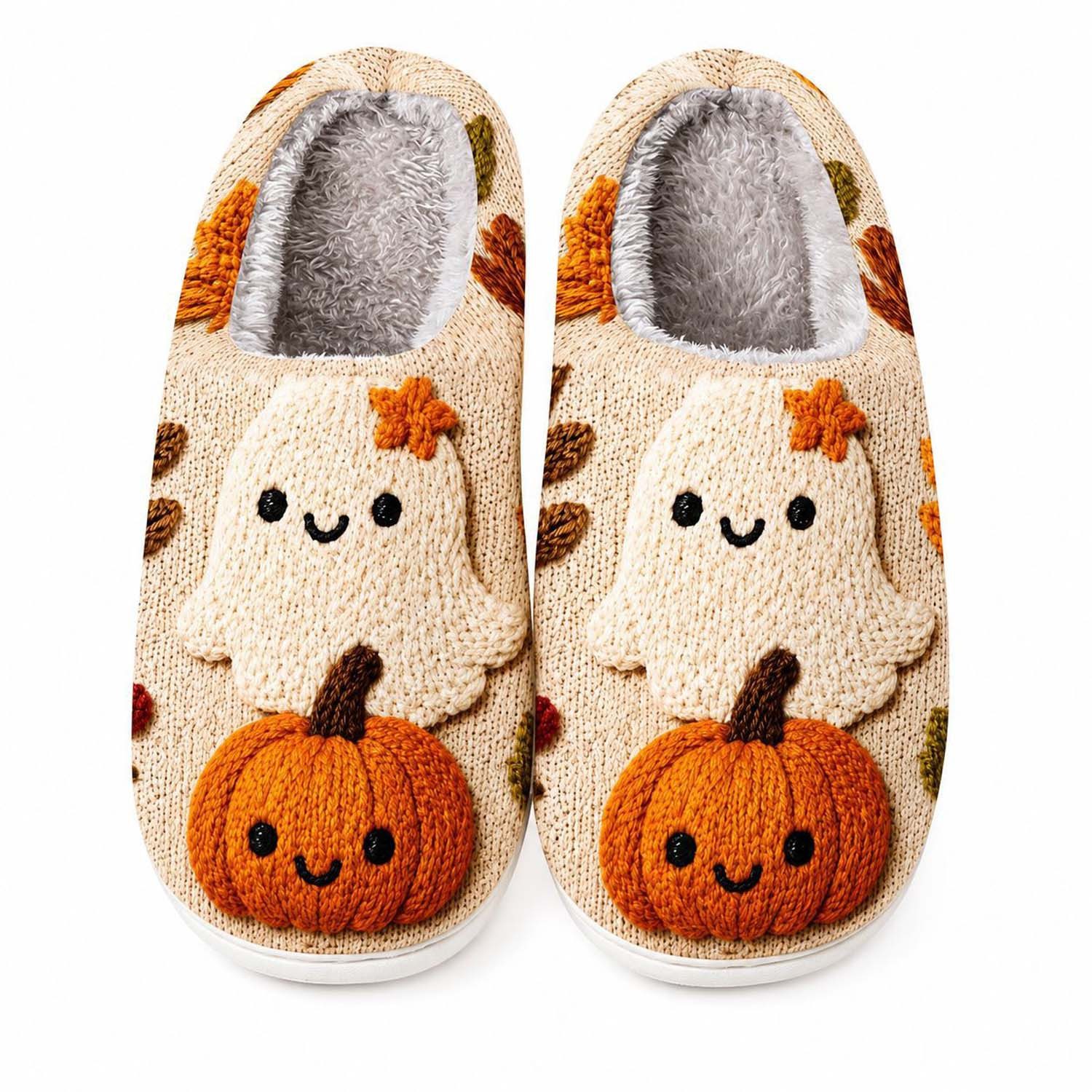 Sorvyzxn Unisex-Familienhausschuhe Halloween-Cartoon-Kürbis- Herbstblattmuster Plüsch Hausschuhe