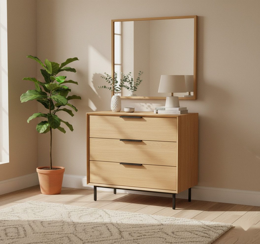 Woodek Design Kommode Kommode BERGEN mit 3 Schubladen aus massiver Eiche natur (matt lackiert, 1 St., Eiche massiv & Eichenfurnier), Breite 85 cm, Höhe 80 cm, Tiefe 43 cm