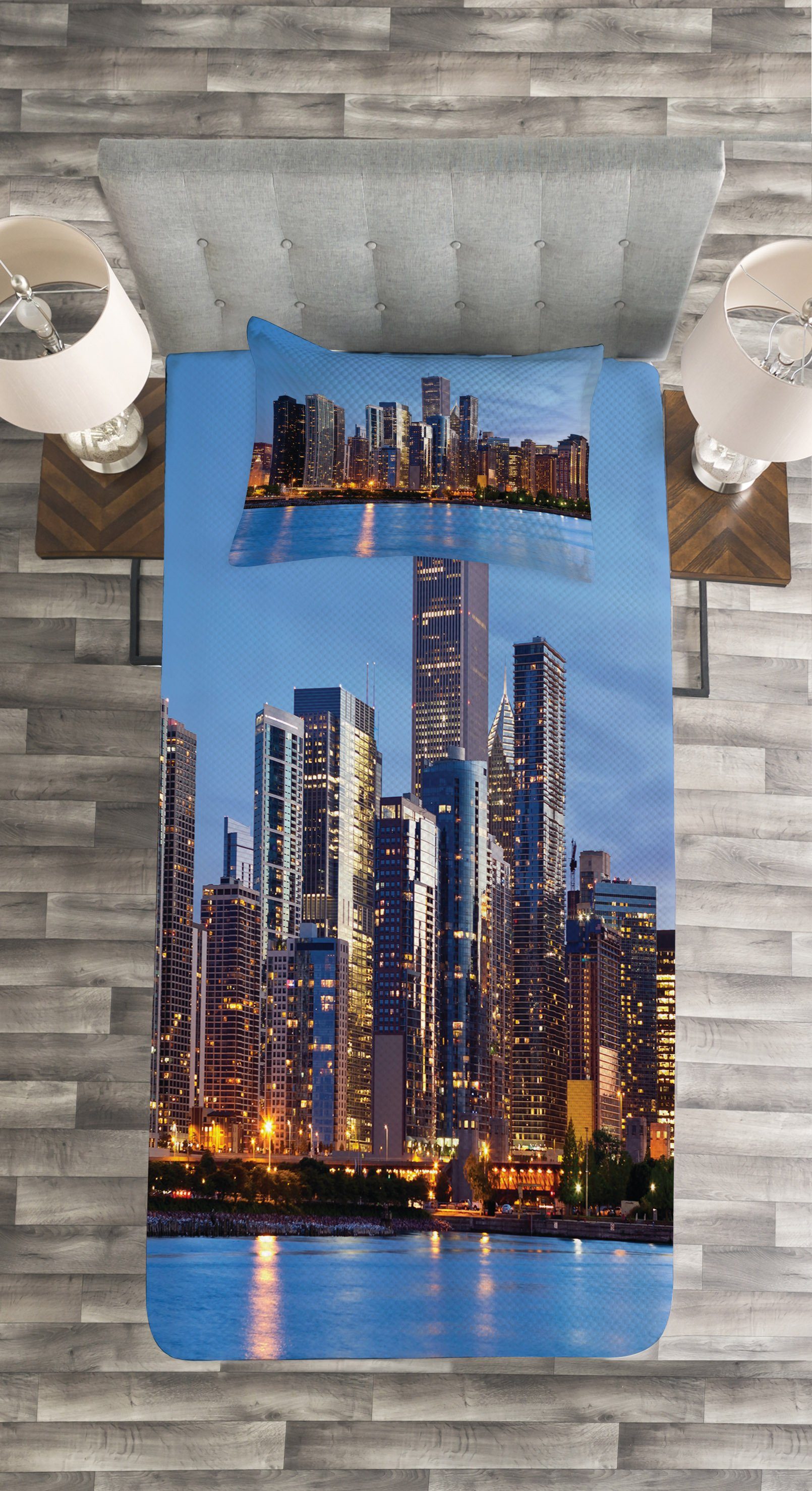 Kissenbezügen Skyline mit Chicago City Big Sunset Waschbar, Set Tagesdecke Abakuhaus,