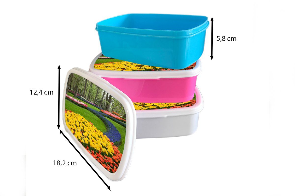 MuchoWow Lunchbox Blumen im Gras und Holland., Kunststoff, und für Brotdose, in Jungs Erwachsene, auf (2-tlg), Brotbox Kinder Mädchen weiß für Keukenhof dem