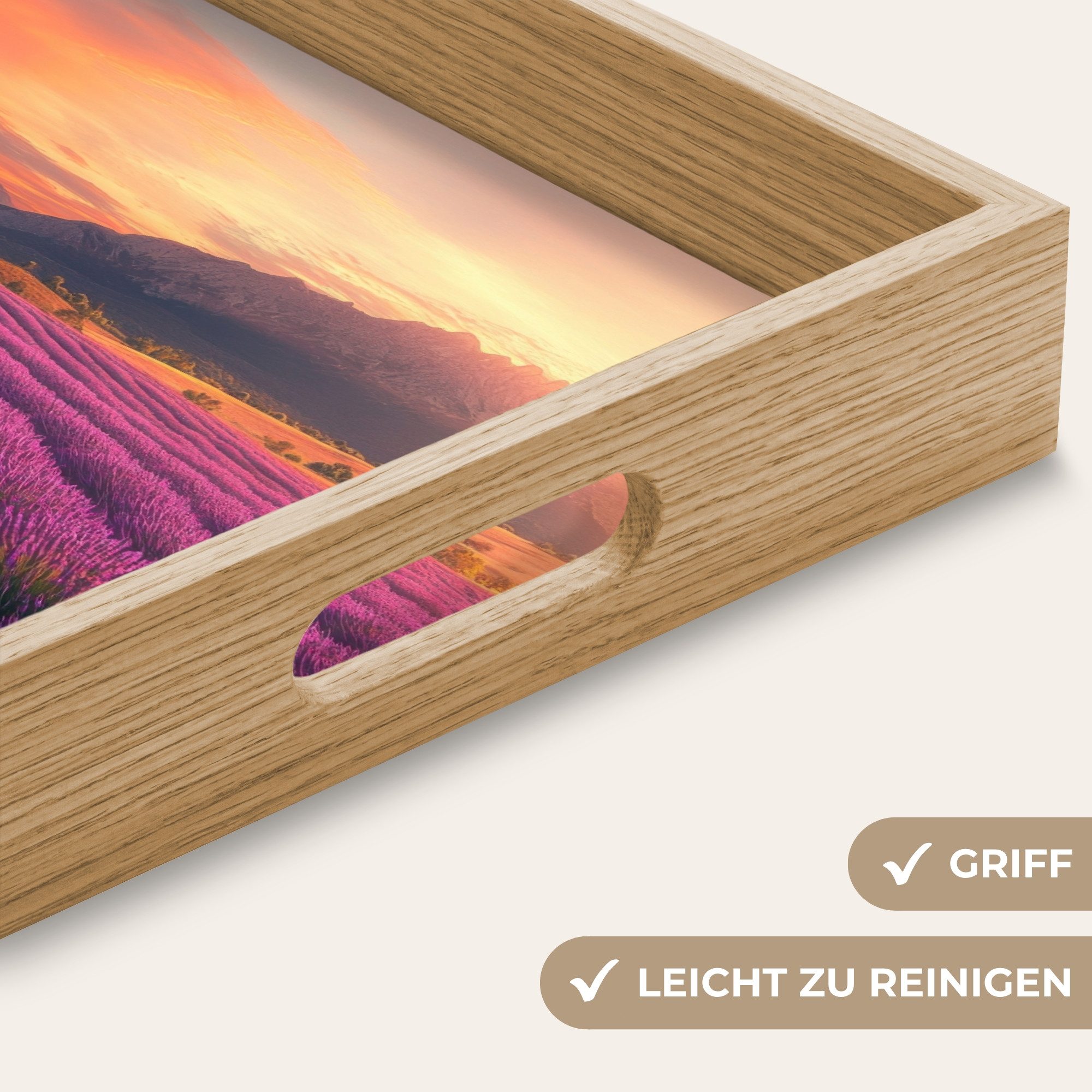 OnlyWow Tablett Rechteckig mit Henkel Lavendelfeld - Sonnenuntergang - Lila, Eichenholz, (1-tlg), Siervierplatte, Tray, Frühstücksbrett