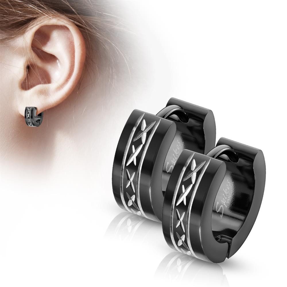 BUNGSA Creolen-Set Creolen schwarz mit gelasertem Dia-Cut Design aus Edelstahl Unisex (1 Paar (2 Stück), 2-tlg), Ohrschmuck Ohrringe