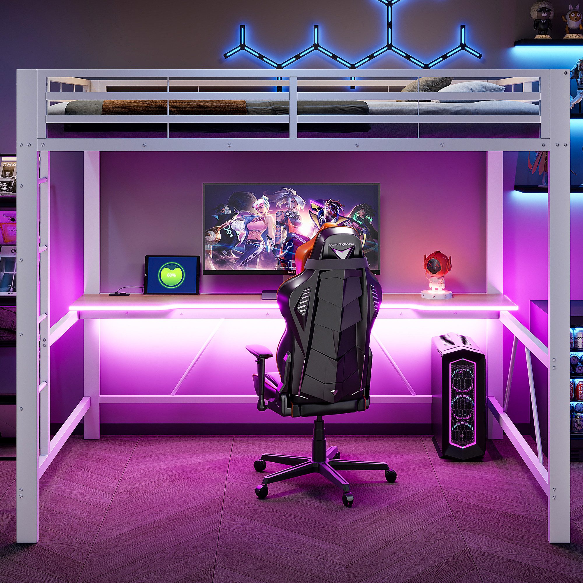 Merax Hochbett mit LED-Beleuchtung & USB-Ladestation (Jugendbett Einzelbett Mehrzweckbett, 1-St) Metallbett Kinderbett 140x200cm mit Schreibtisch Leiter & Schutzgitter