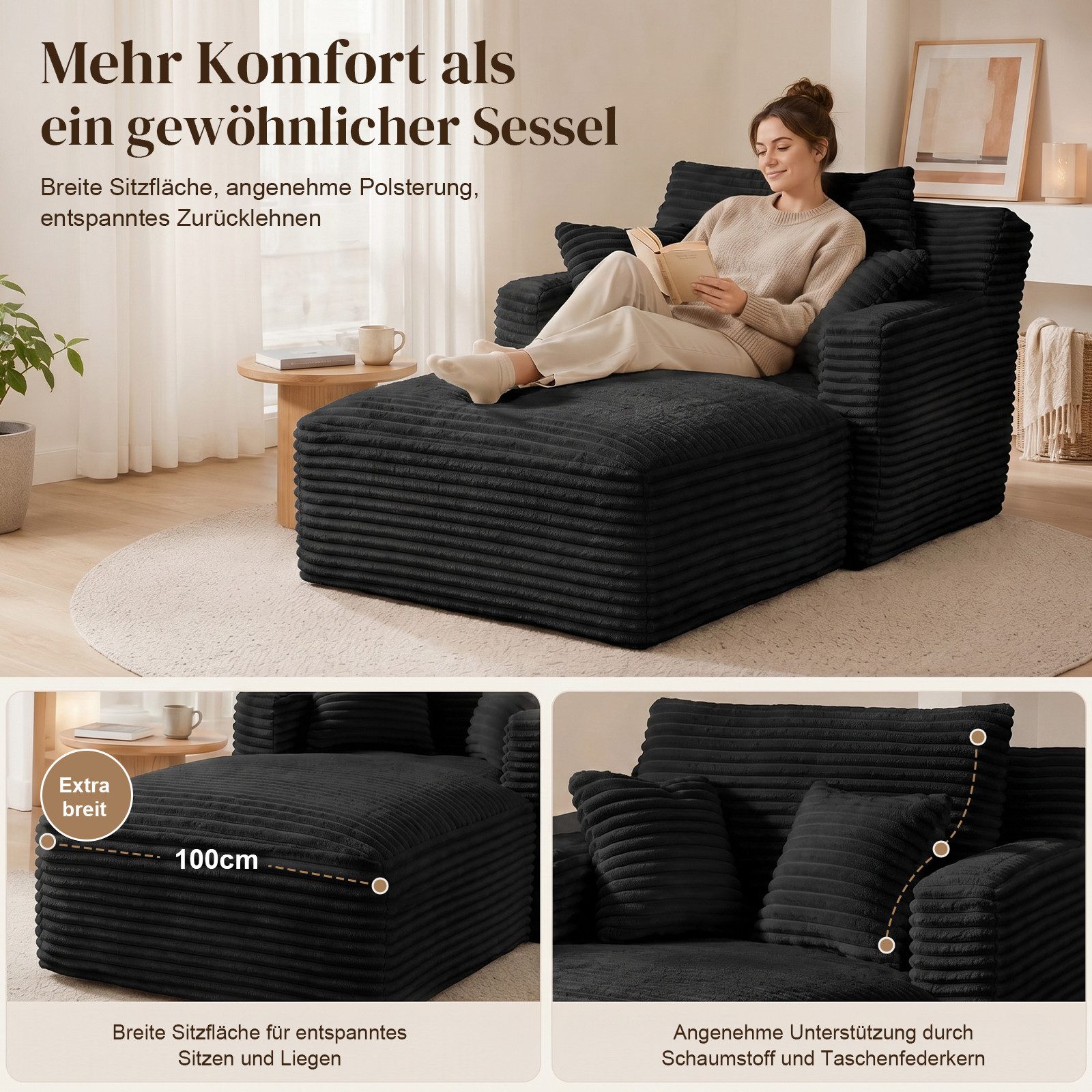 ANYSUN Loungesofa Modernes Chaiselongue-Sofa,Cord-Schlafsofa, 2 Kissen,Relaxsessel Cord, ohne Montage mit Taschenfederkern & Schaumstoffpolsterung,Loungesofa, Lesesessel bequem, fur Wohnzimmer, Büro & Wohnung,Apartment