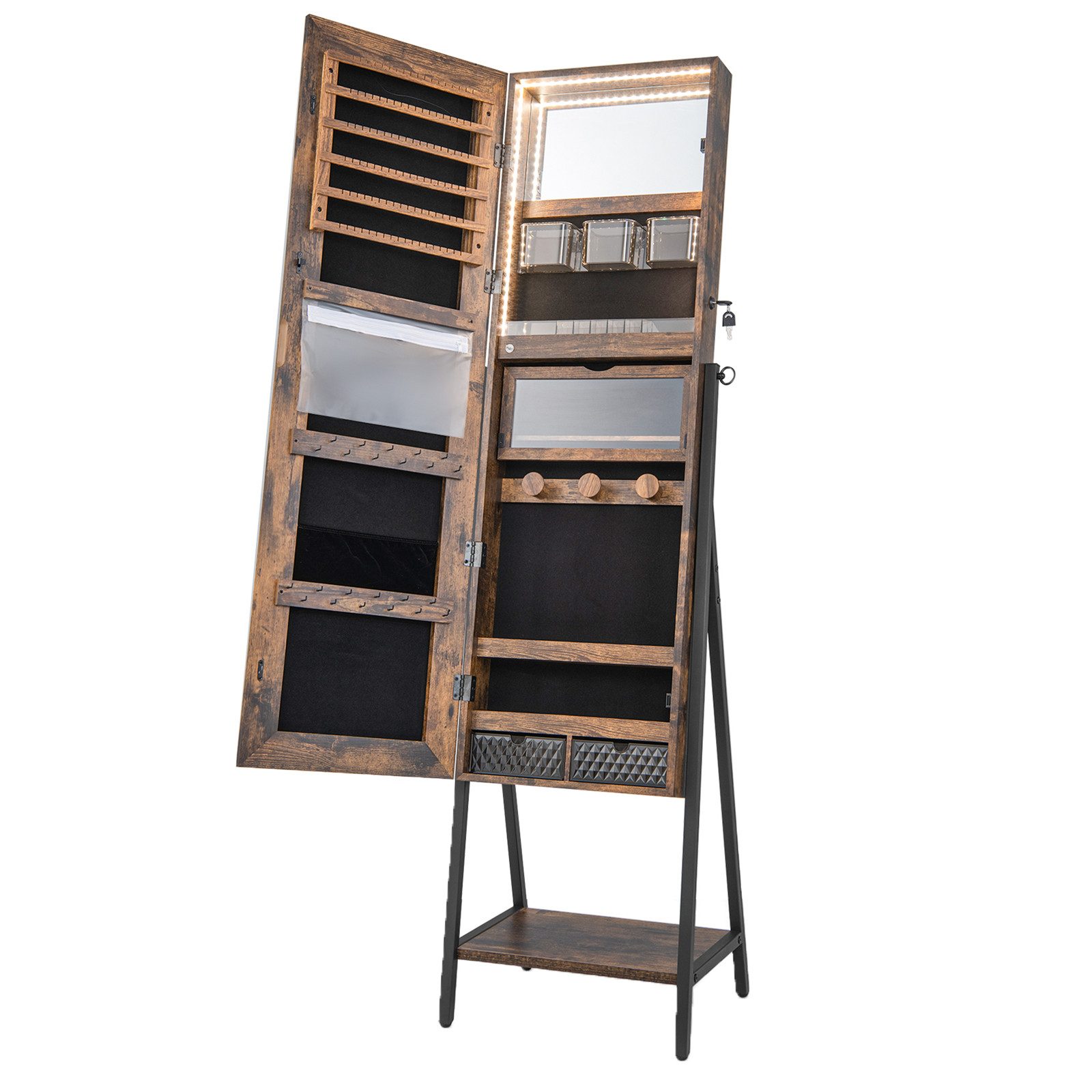 COSTWAY Schmuckschrank mit Spiegel, stehend, LED, mit Ablage, abschließbar