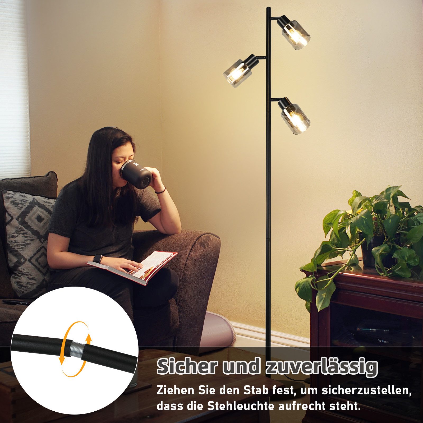 Nettlife Stehlampe Stehleuchte Vintage Wohnzimmer Glas E14 3 flammig Schwarz Metall, Schwenkbar 350°, LED wechselbar, Standlampe Schwenkbar 350° Leselampe für S – Bild 5 von 5