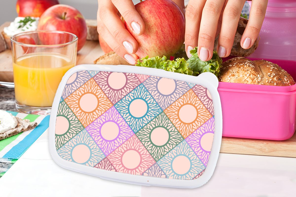 Erwachsene, für Mädchen, Lunchbox Kunststoff, (2-tlg), - Brotdose Muster, Sonnenblume MuchoWow - rosa Kinder, Kunststoff Kariert Snackbox, Brotbox