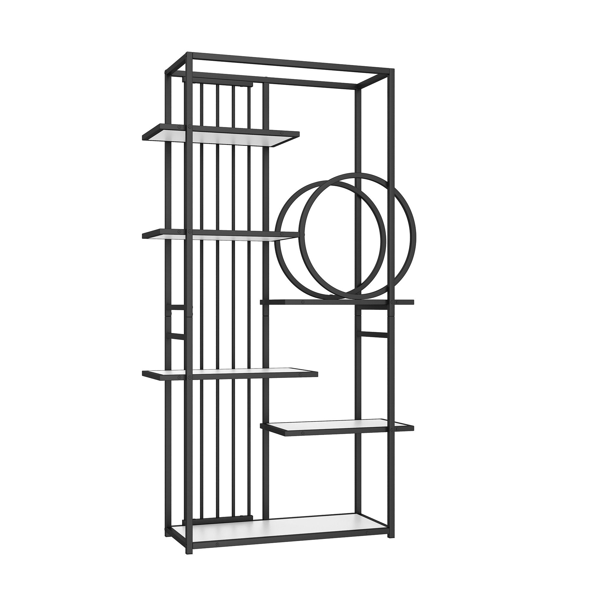 KLAM HOME Bücherregal 100 x 30 x 180 cm Metallregal im modernen Stil, solides Stahlrohr, geometrische Struktur, mehrstufiges Design, runde Dekoration, geeignet für die Inneneinrichtung, weiß + schwarz