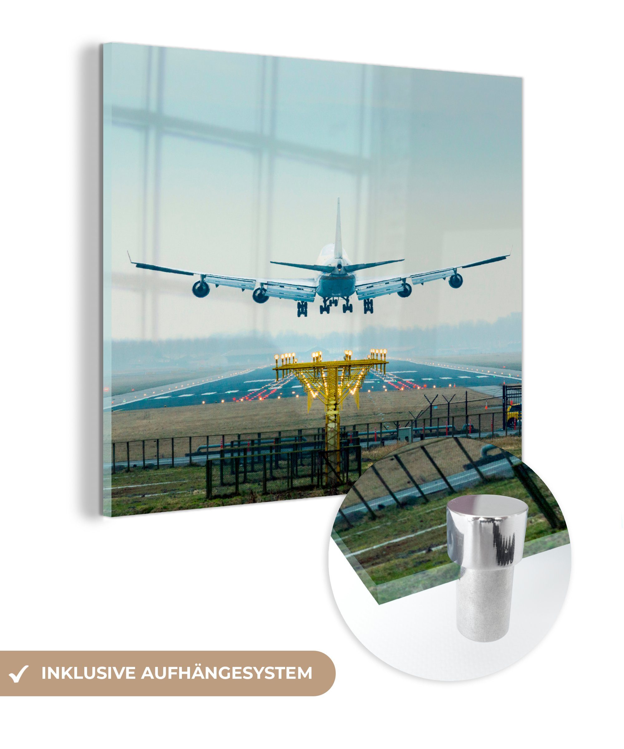 MuchoWow Acrylglasbild Flugzeug landet in Glasbilder St), Glas auf (1 auf - Bilder - Glas Wandbild - Wanddekoration Schiphol, Foto