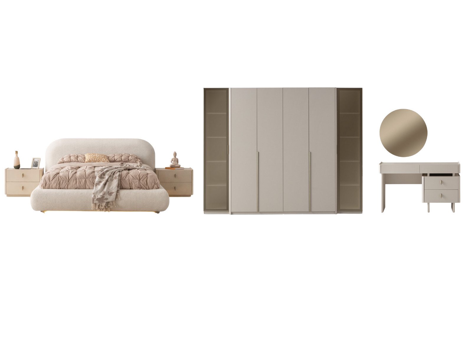 Villa Möbel Schlafzimmer-Set Alaska, (Schlafzimmer-Set, 5-tlg., Bett mit Kopfteil, 2 Nachttische, Kleiderschrank und Kommode), LED Polsterbett Rauchglas Optik fünf Türen viel Stauraum