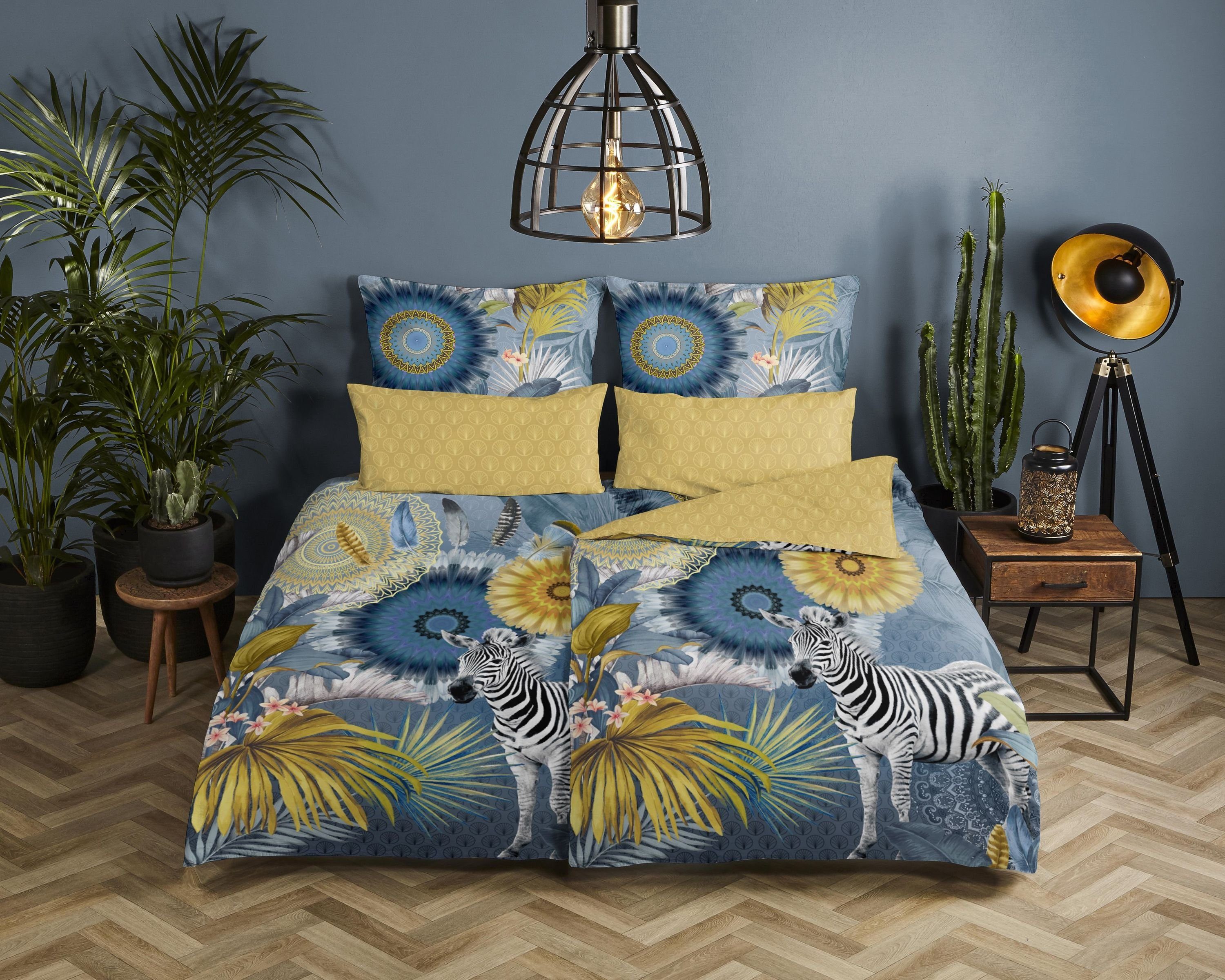 Traumschloss Bettwäsche Baumwolle, Satin, 2 teilig, blaue, gelbe Mandalas mit Zebra