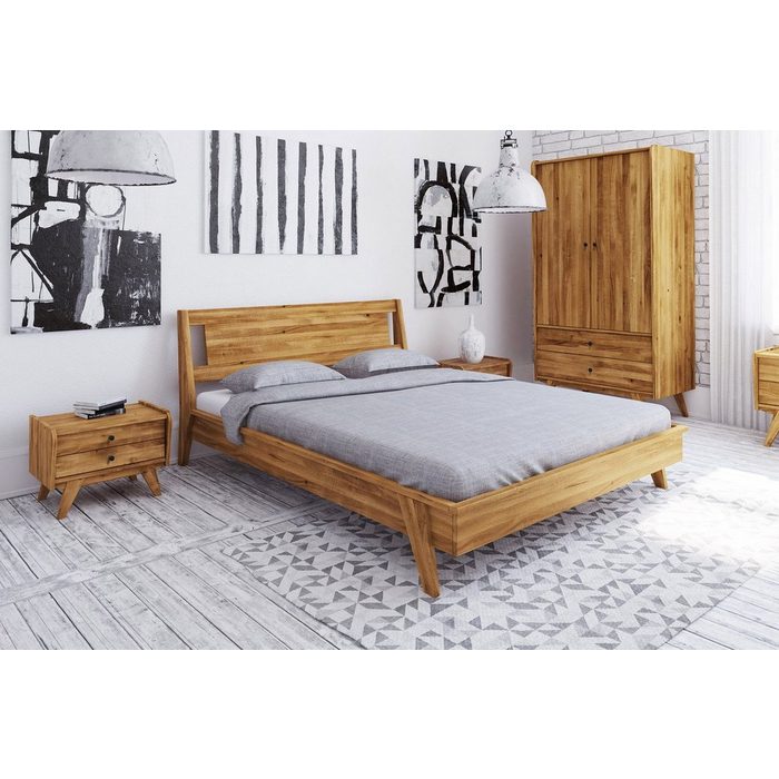 Natur24 Bett Bett Jetro 2 aus Kernbuche massiv 180x200 mit Holzkopfteil und Holzbeinen