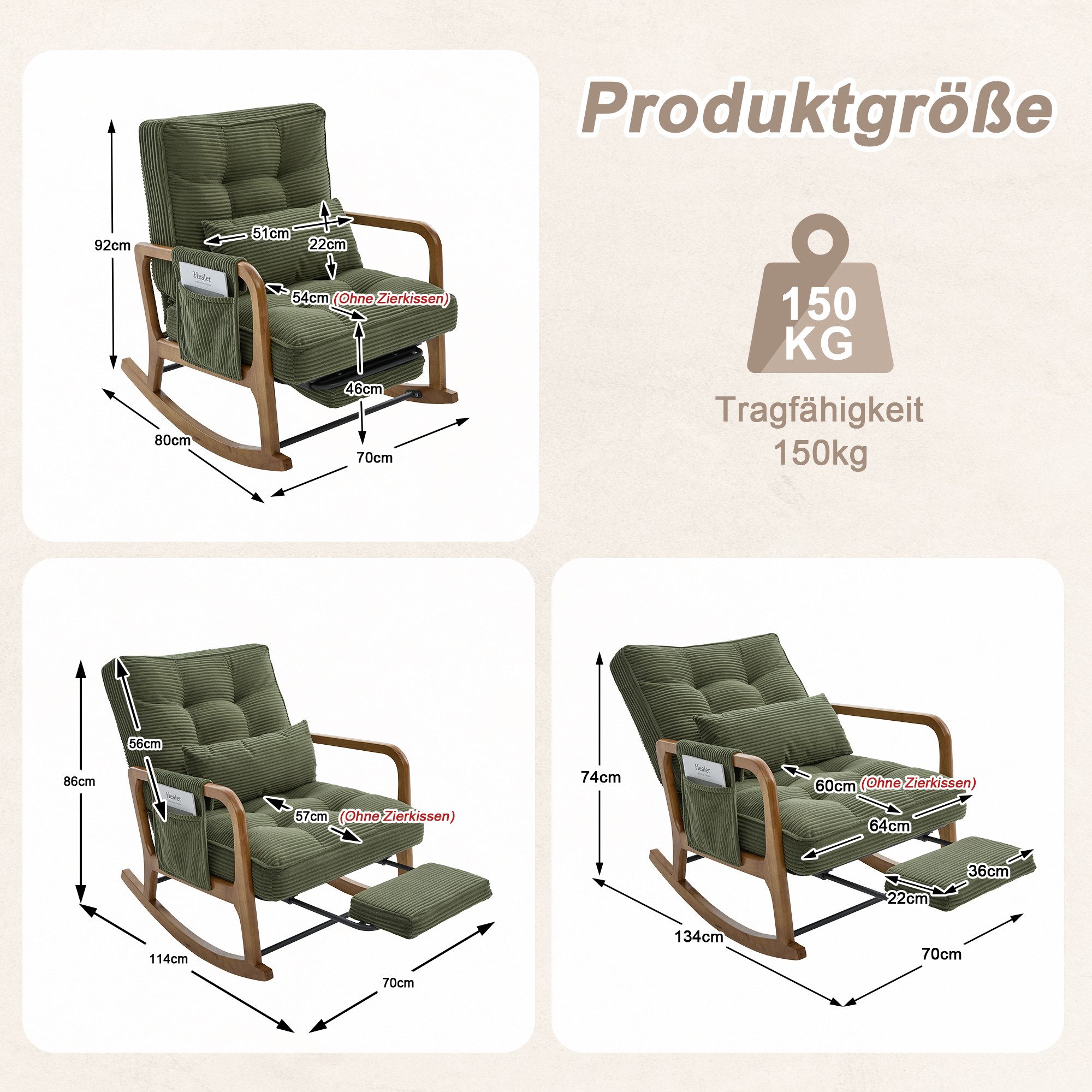 Odikalo Schaukelstuhl Loungesessel Relaxsessel Einzelsessel (Moderner Schaukelstuhl mit Fußstütze, Cord-Baby-Sessel mit Seitentaschen, ergonomischer Freizeitstuhl mit Lendenkissen & verstellbarer Lehne – für Wohn-, Schlaf- & Kinderzimmer.(grüner Cord)