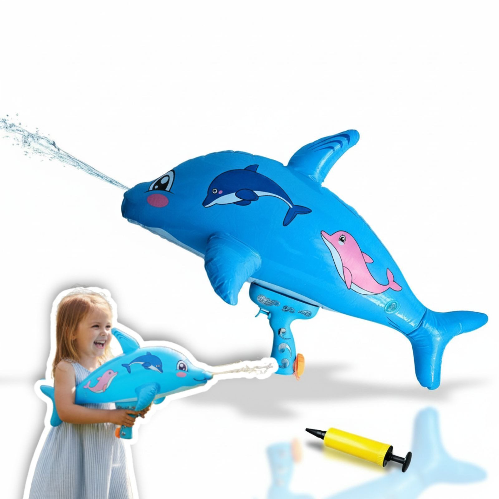 alldoro Wasserpistole Delfin 72 cm groß, aufblasbare Wasserspritze für Kinder ab 3 Jahren, Aufblasbares Wasserspritztier inkl. Luftpumpe, für Garten & Pool