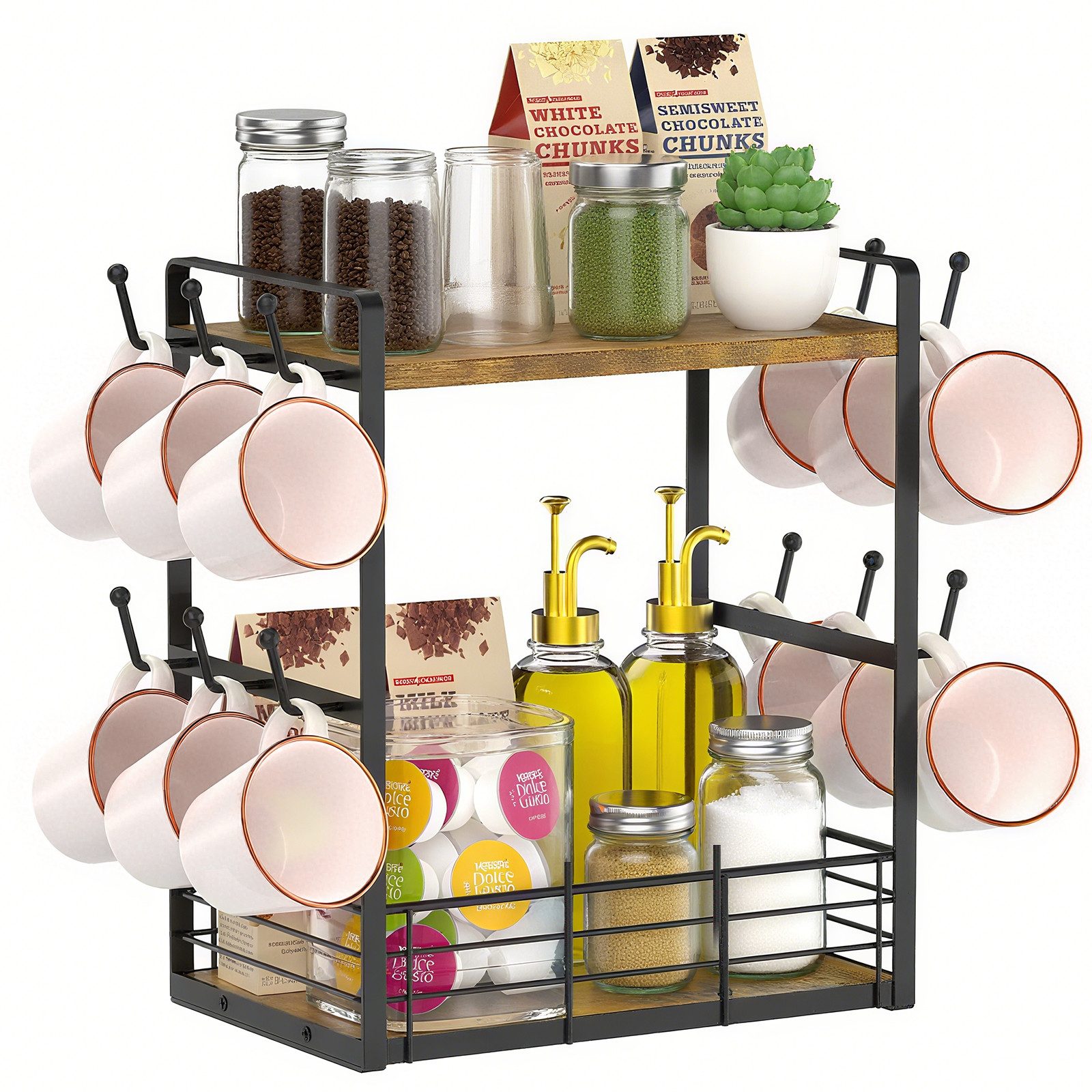 Gewürzregal 2 Tier Kaffee Organizer Regal, Tassenhalter mit 12 Haken, Tassenregal