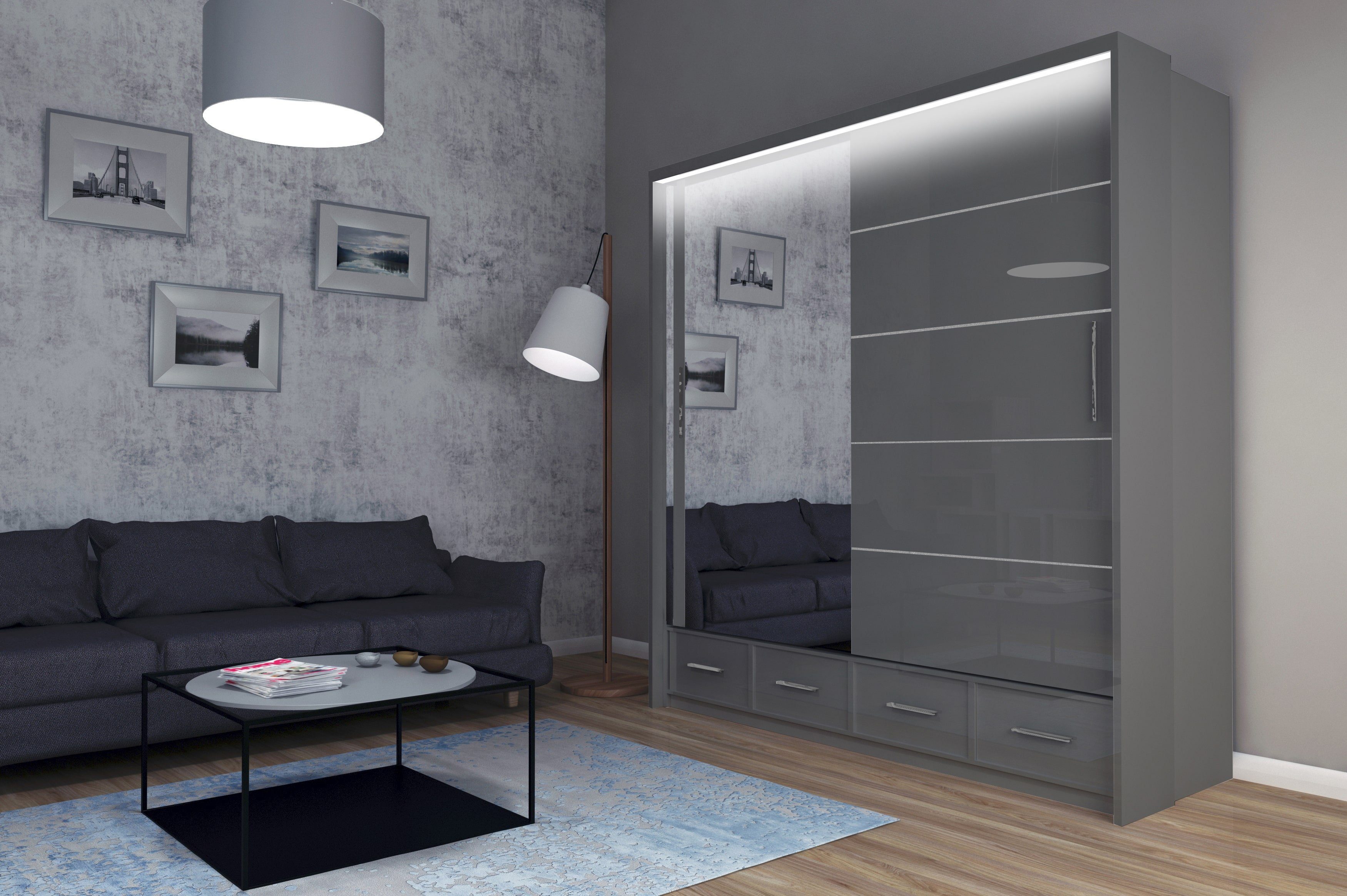 Compleo Kleiderschrank MONO mit Schubladen, Schrank mit Spiegel, mit Hochglanz, LED Grau Hochglanz