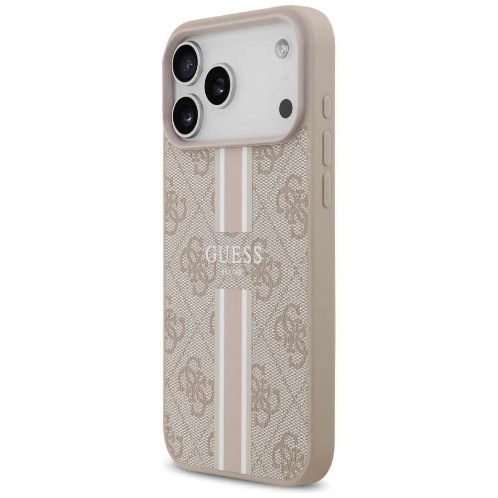 Guess Handyhülle Case iPhone 17 Pro Max MagSafe Kunstleder rosa Logo Streifen 6,9 Zoll, Kantenschutz