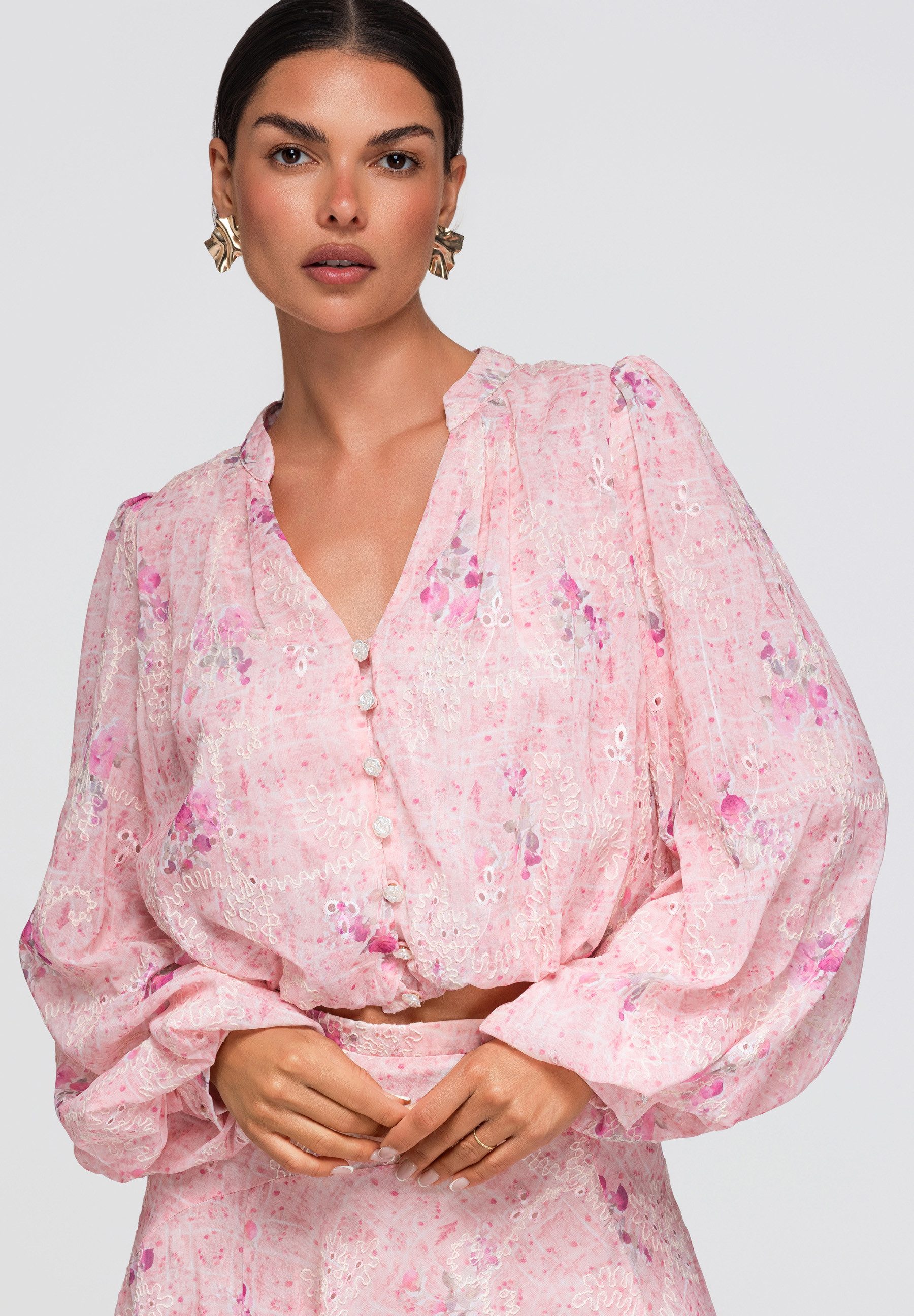OMBRE Hemdbluse Damen Bluse mit V-Ausschnitt und Stehkragen Rose M (kein Set, 1-tlg) halbtransparent